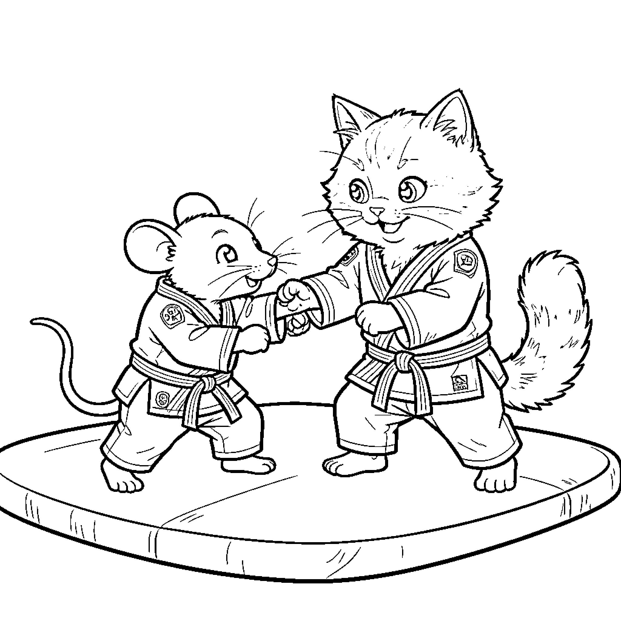 Mouse and cat in martial arts training Coloring Page (free black-and-white line drawing printable PDF for all, from beginners to advanced learners, including children, teens, adults, and seniors)