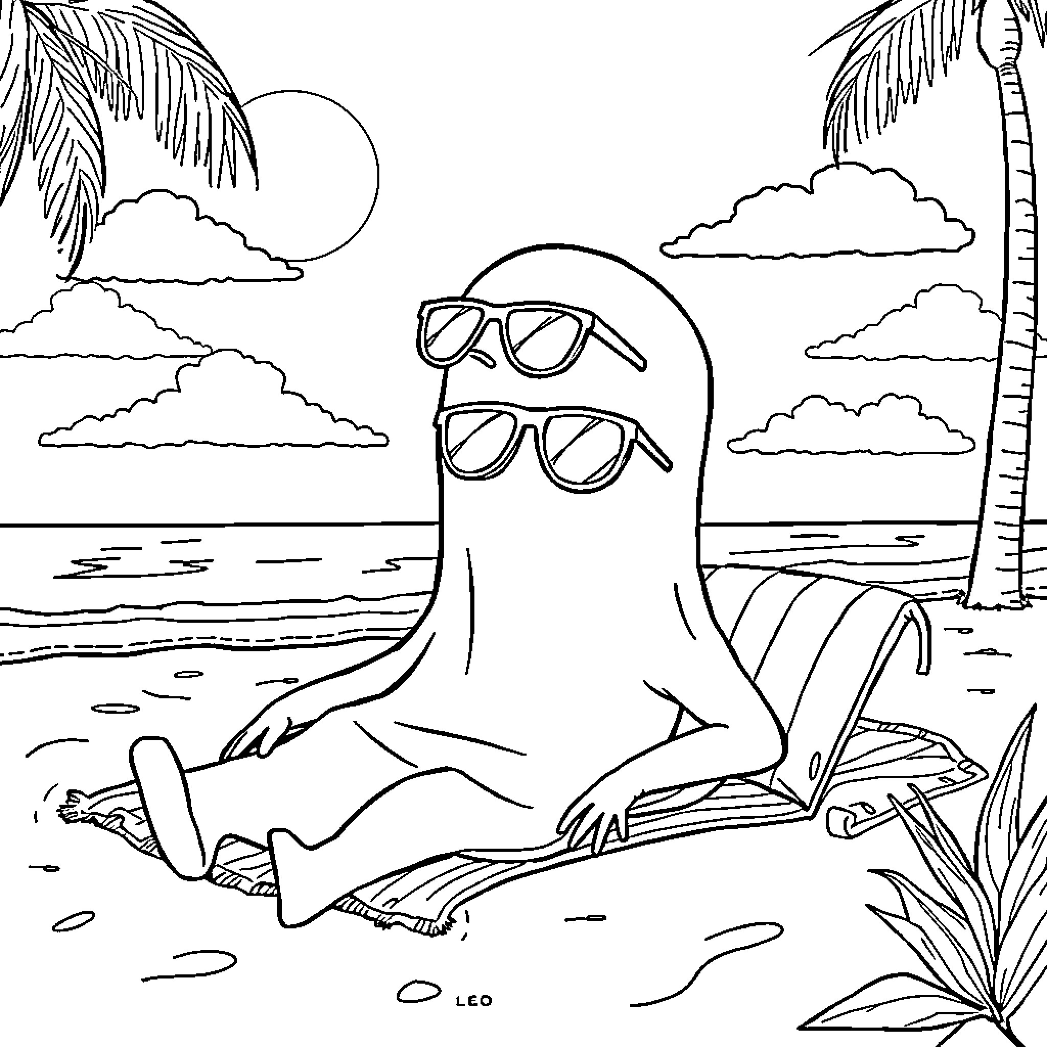 Ghost figures relaxing on tropical beach Coloring Page (free black-and-white line drawing printable PDF for all, from beginners to advanced learners, including children, teens, adults, and seniors)