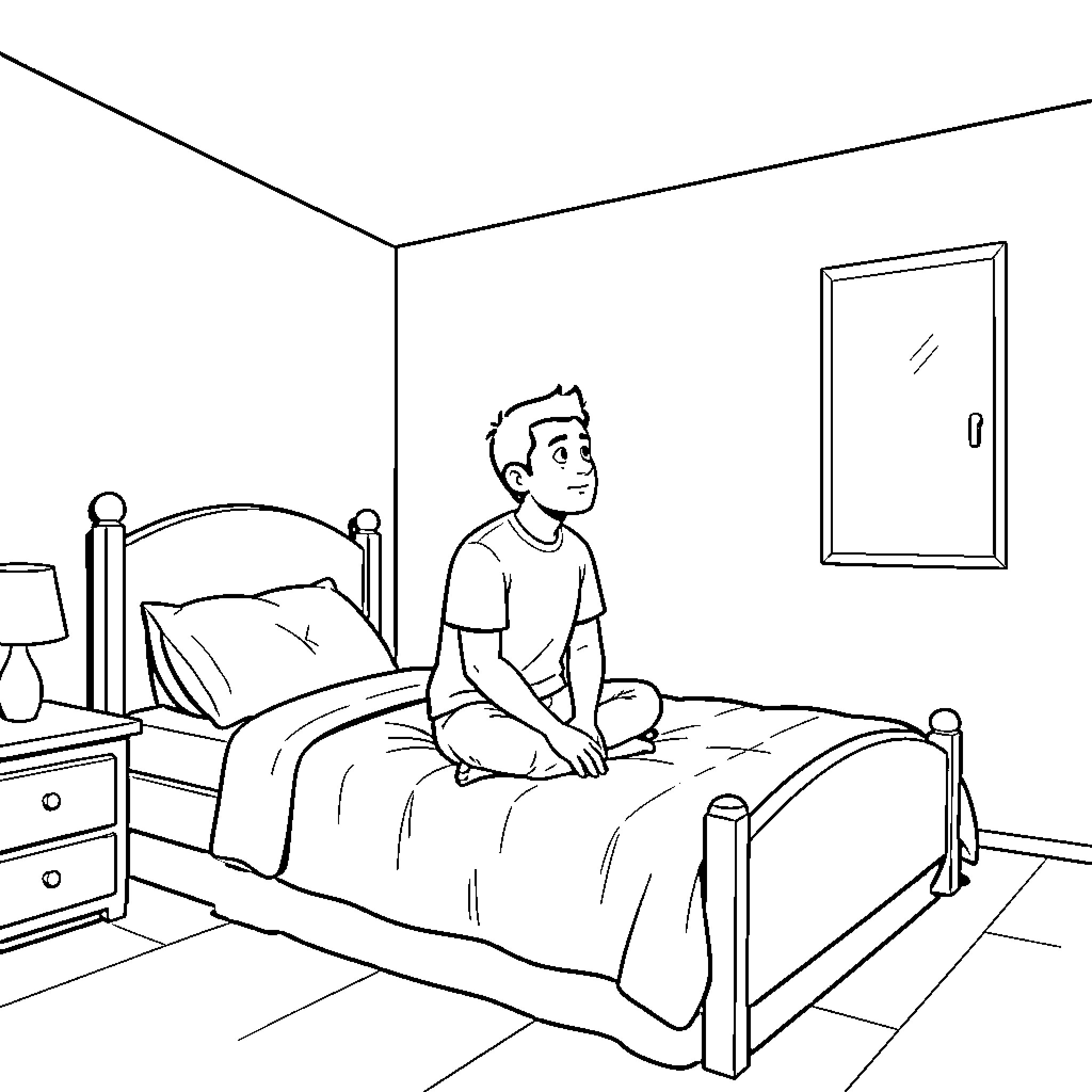 Luca sitting alone on his bed Coloring Page (free black-and-white line drawing printable PDF for all, from beginners to advanced learners, including children, teens, adults, and seniors)
