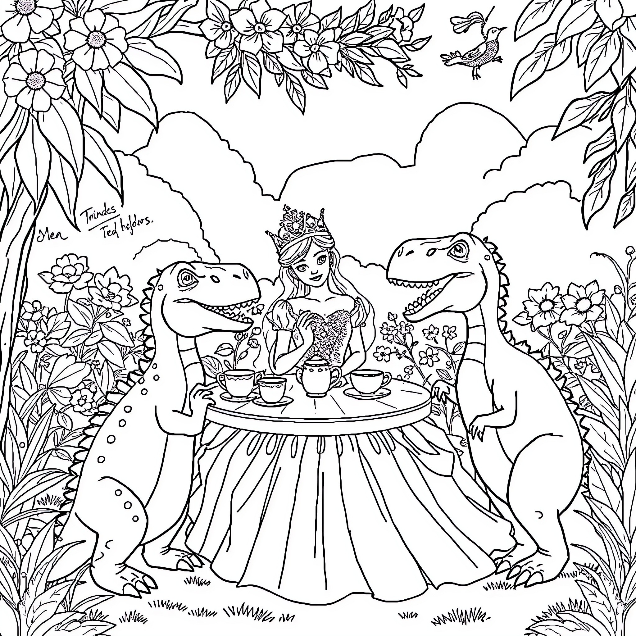 Princess Tea Party with Friendly Dinosaurs Coloring Page (free black-and-white line drawing printable PDF for all, from beginners to advanced learners, including children, teens, adults, and seniors)