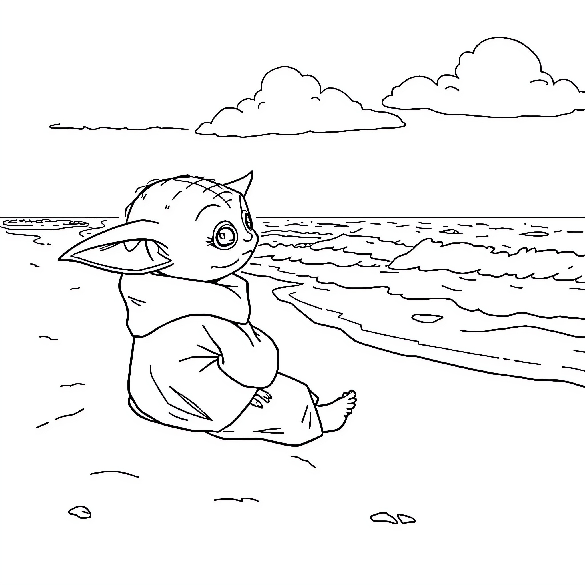 Baby Yoda relaxing on the beach Coloring Page (free black-and-white line drawing printable PDF for all, from beginners to advanced learners, including children, teens, adults, and seniors)