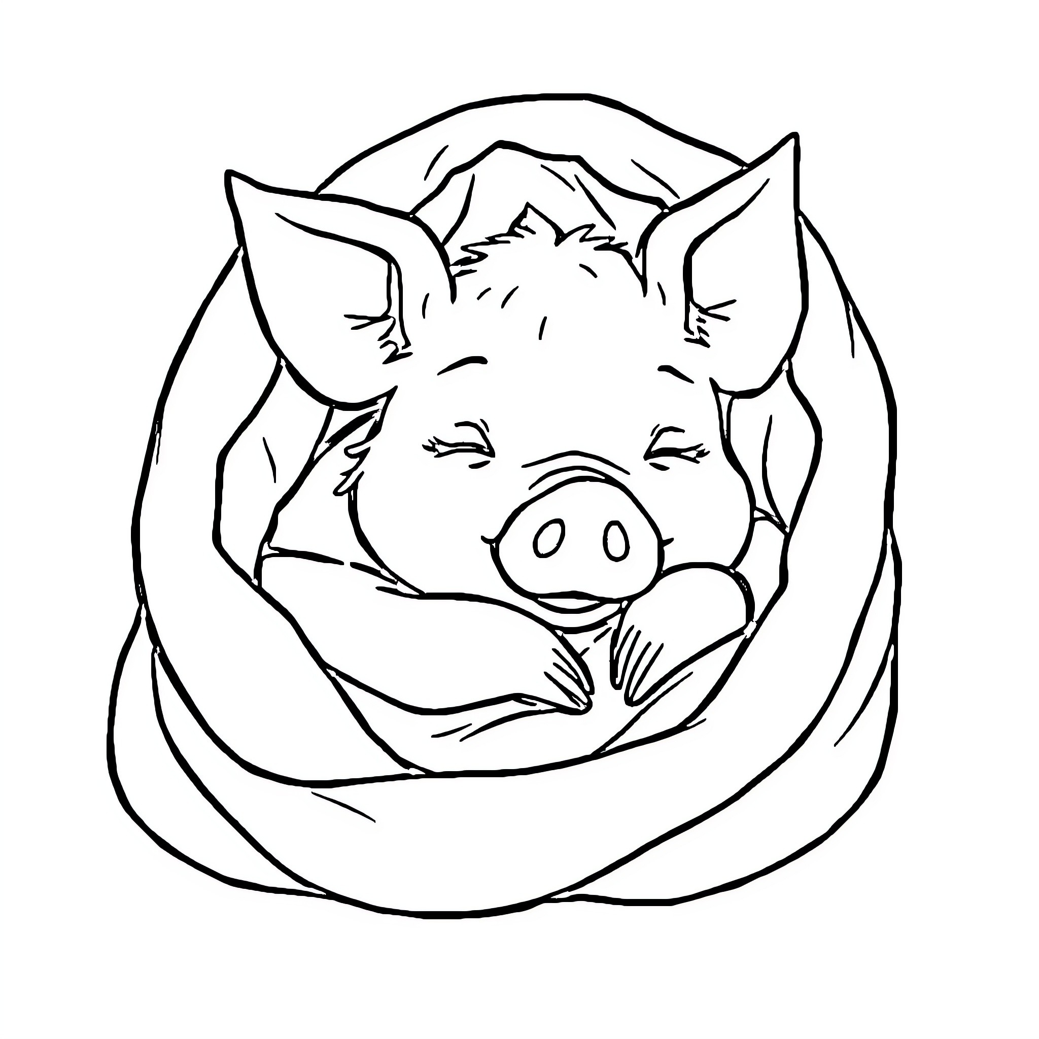 Pig snuggled in a cozy blanket Coloring Page (free black-and-white line drawing printable PDF for all, from beginners to advanced learners, including children, teens, adults, and seniors)
