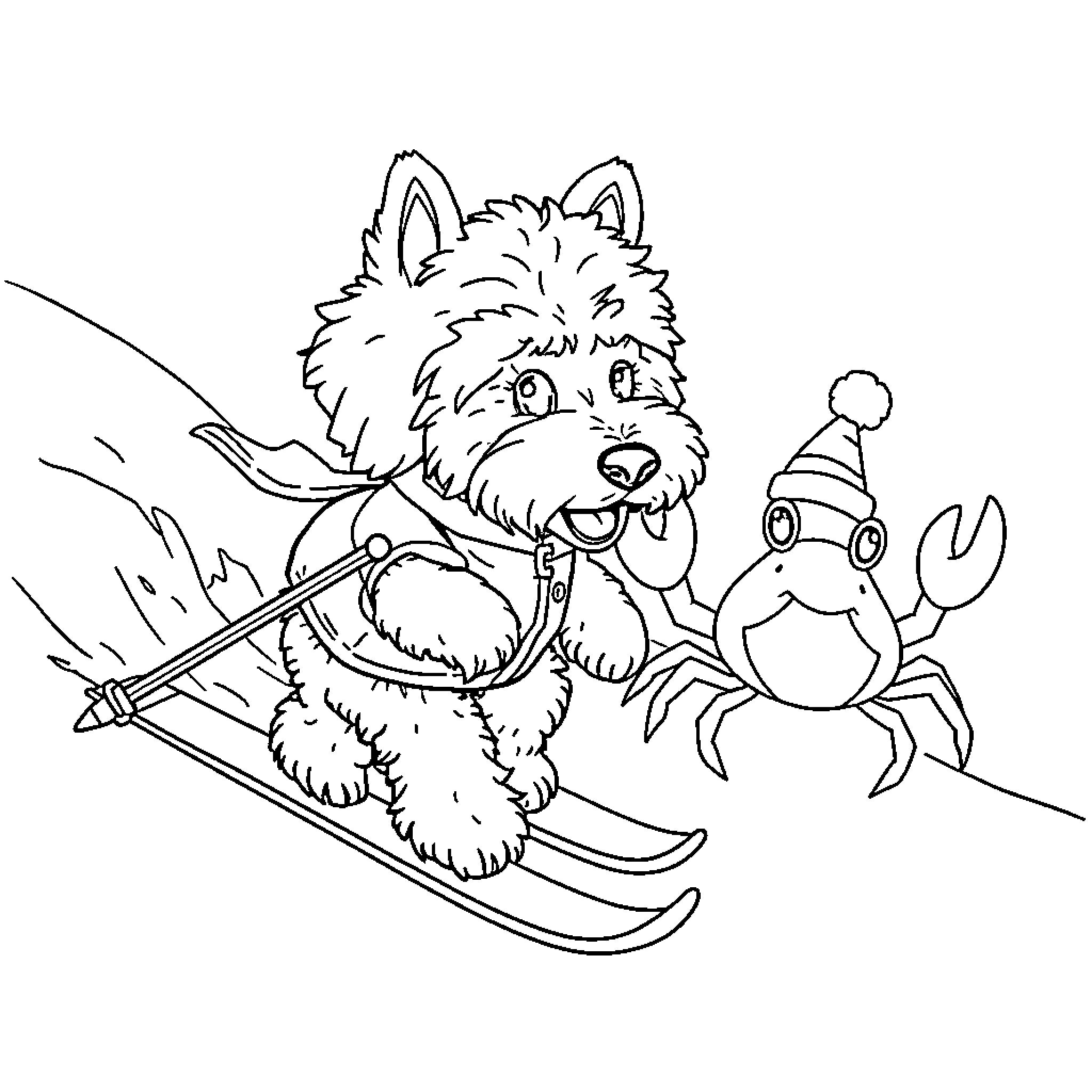 Aussiedoodle enjoying winter sports with crab companion Coloring Page (free black-and-white line drawing printable PDF for all, from beginners to advanced learners, including children, teens, adults, and seniors)