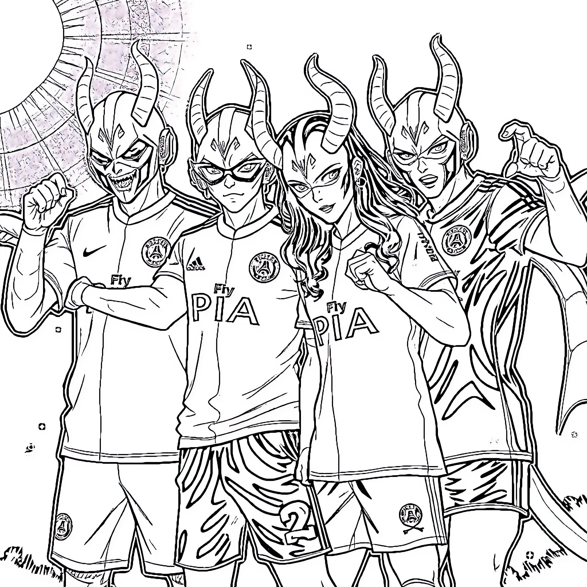 Demon Hunters in Fierce Battle Formation Coloring Page (free black-and-white line drawing printable PDF for all, from beginners to advanced learners, including children, teens, adults, and seniors)