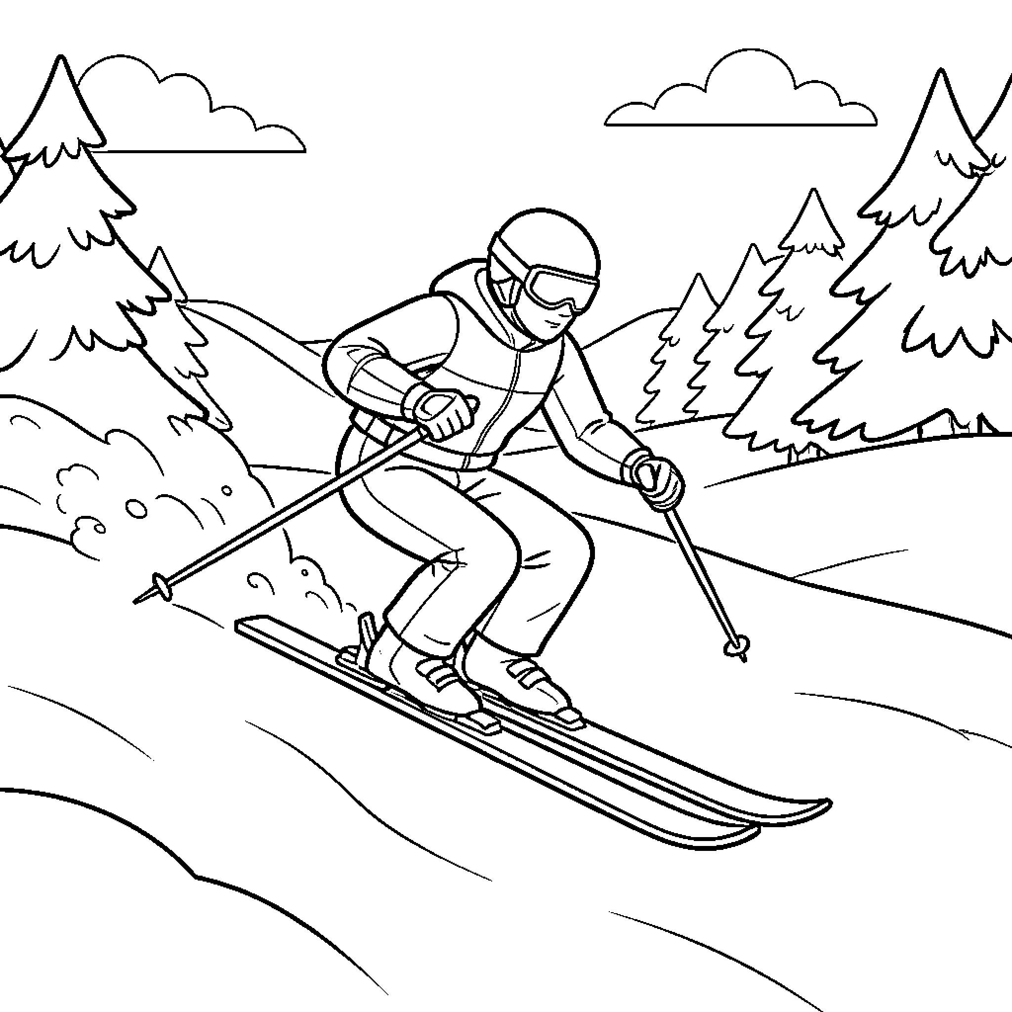 Chase the thrill while skiing down a snowy slope Coloring Page (free black-and-white line drawing printable PDF for all, from beginners to advanced learners, including children, teens, adults, and seniors)