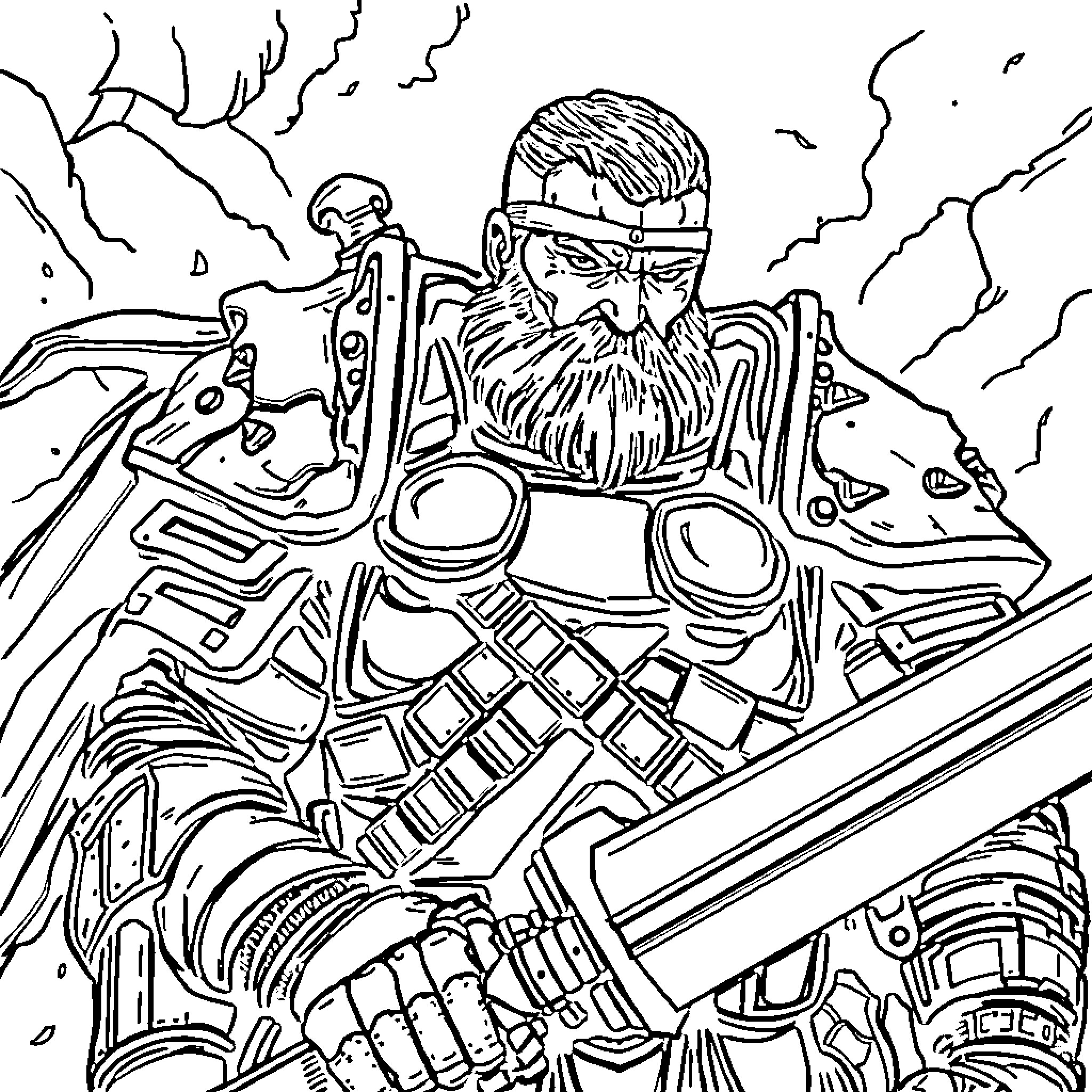Marcus Fenix in Armored Combat Readiness Coloring Page (free black-and-white line drawing printable PDF for all, from beginners to advanced learners, including children, teens, adults, and seniors)