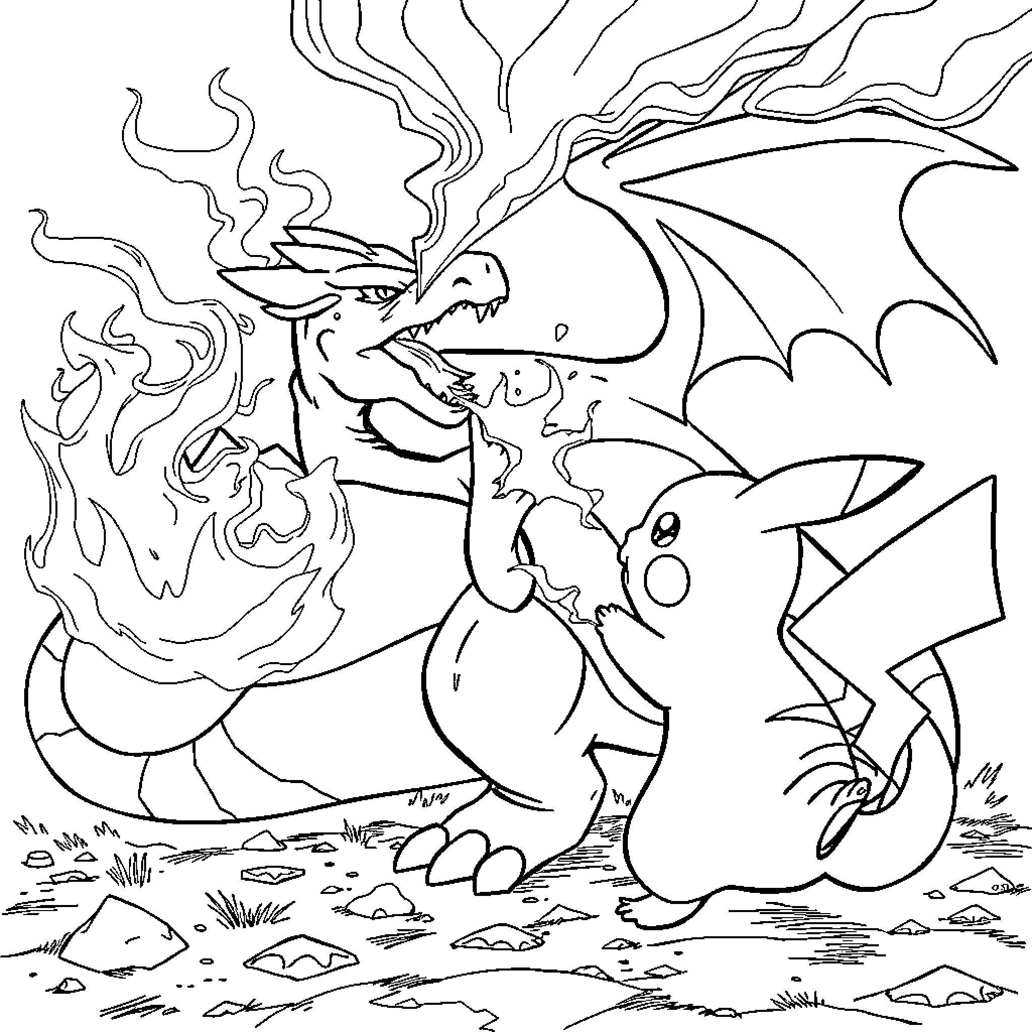 Charizard unleashing a powerful fire attack Coloring Page (free black-and-white line drawing printable PDF for all, from beginners to advanced learners, including children, teens, adults, and seniors)