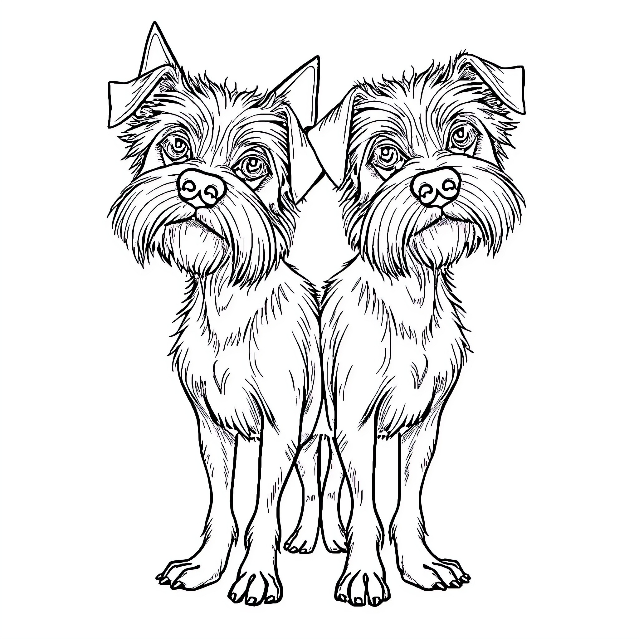 Dog duo poses playfully together Coloring Page (free black-and-white line drawing printable PDF for all, from beginners to advanced learners, including children, teens, adults, and seniors)