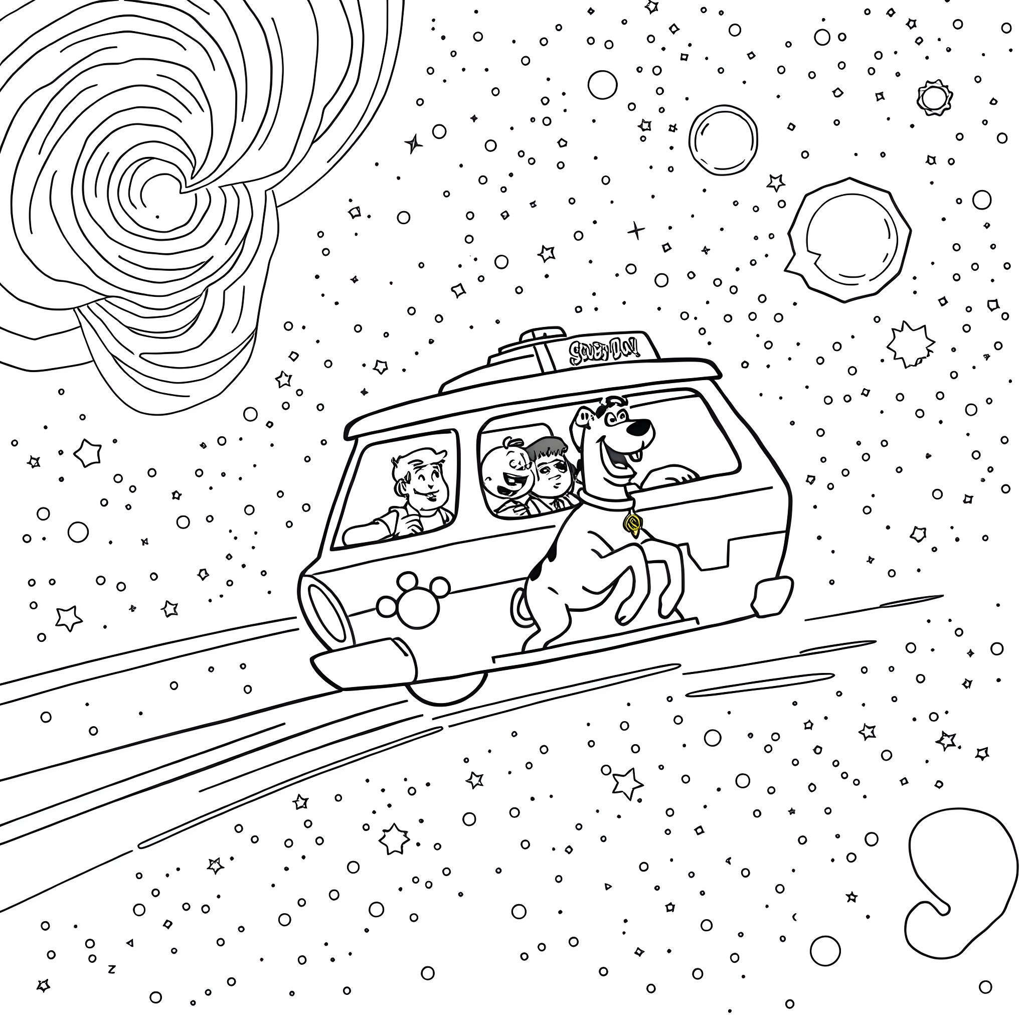 Scooby Doo and friends on a cosmic adventure Coloring Page (free black-and-white line drawing printable PDF for all, from beginners to advanced learners, including children, teens, adults, and seniors)