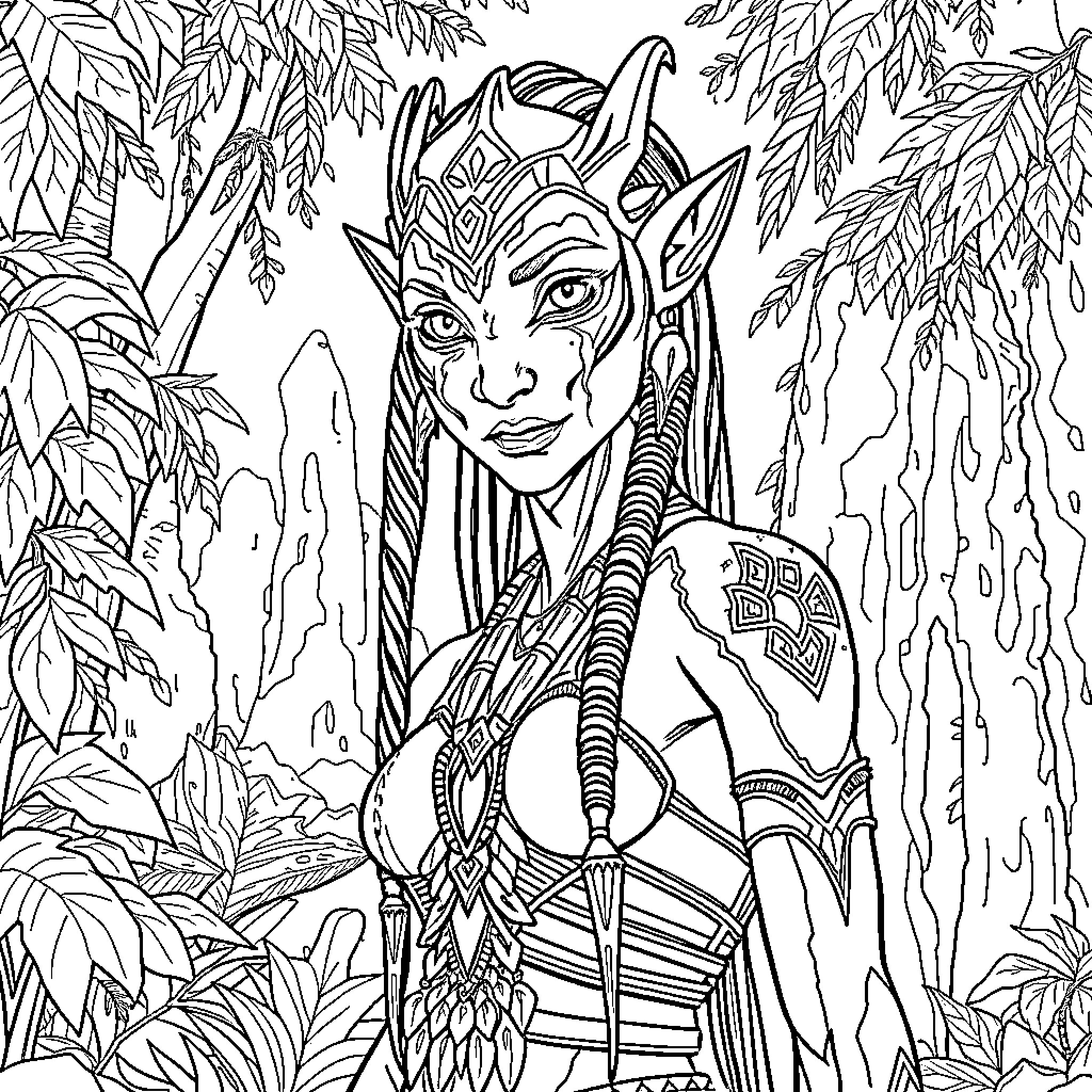 Neytiri, the Fierce Avatar Warrior in the Lush Forest Coloring Page (free black-and-white line drawing printable PDF for all, from beginners to advanced learners, including children, teens, adults, and seniors)