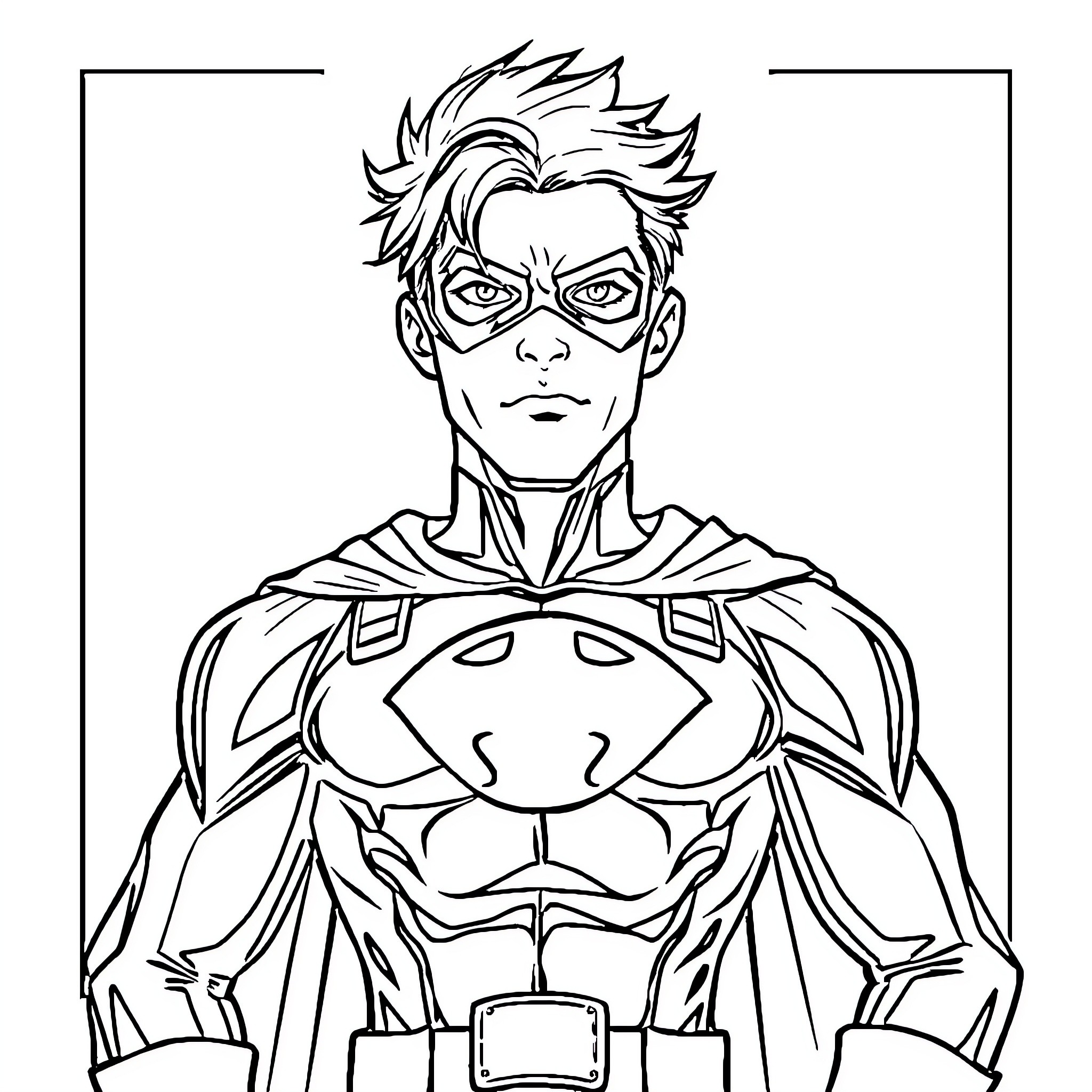Protector of Justice in Heroic Stance Coloring Page (free black-and-white line drawing printable PDF for all, from beginners to advanced learners, including children, teens, adults, and seniors)