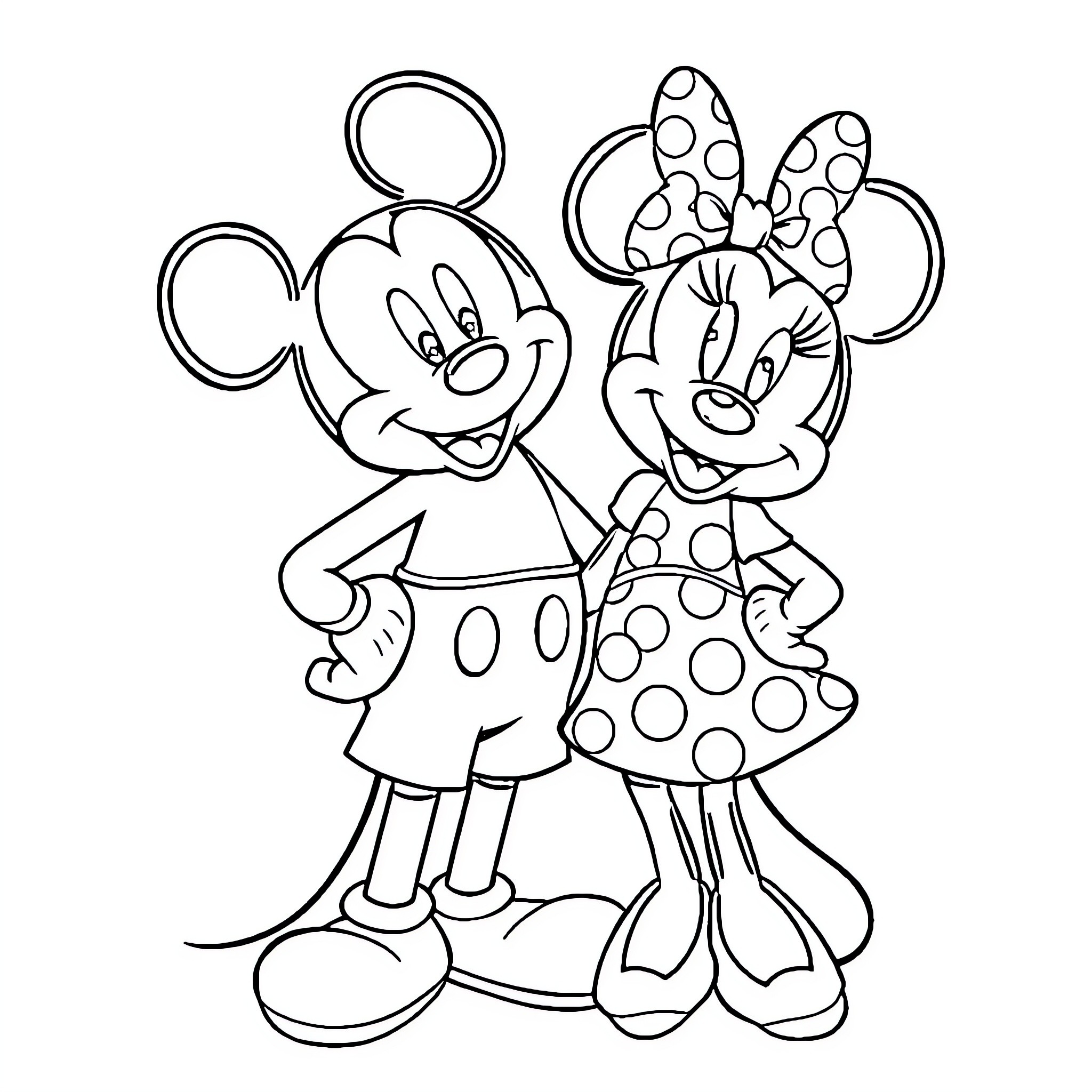 Mickey Mouse and Minnie Mouse in Playful Embrace Coloring Page (free black-and-white line drawing printable PDF for all, from beginners to advanced learners, including children, teens, adults, and seniors)