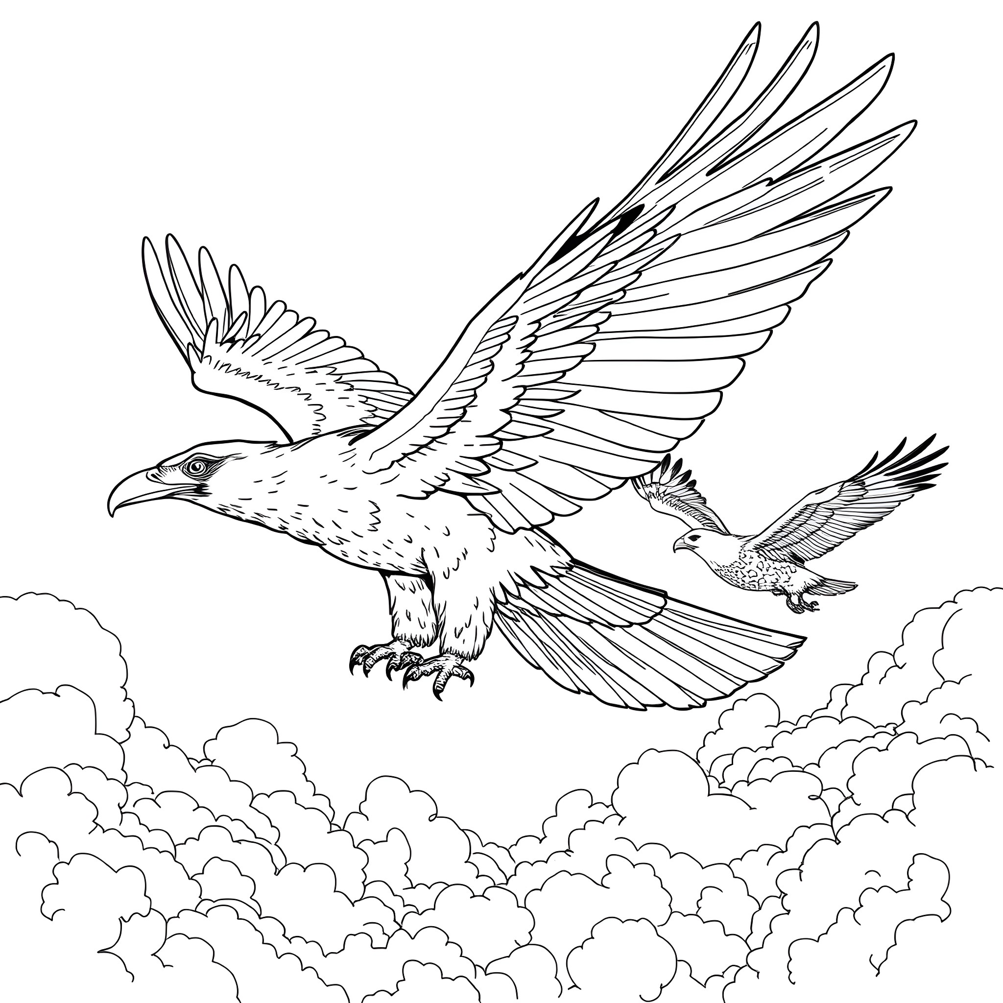 Thunderbird soaring above the clouds Coloring Page (free black-and-white line drawing printable PDF for all, from beginners to advanced learners, including children, teens, adults, and seniors)