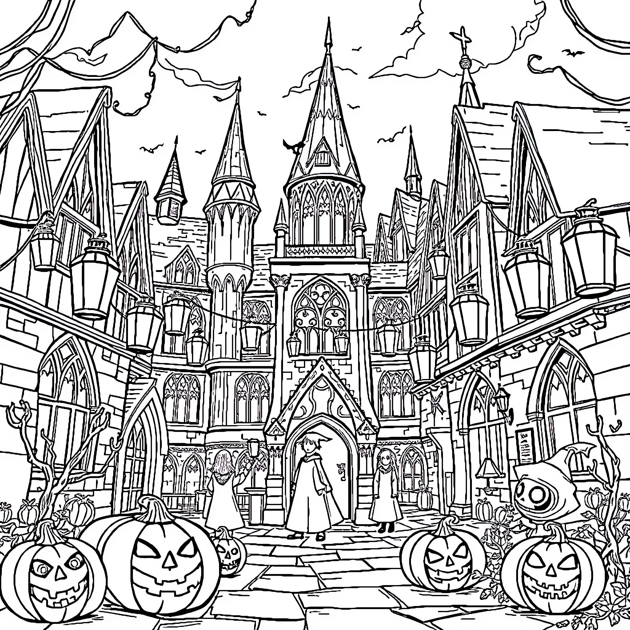 Hogwarts Castle on a Spooky Halloween Night Coloring Page (free black-and-white line drawing printable PDF for all, from beginners to advanced learners, including children, teens, adults, and seniors)