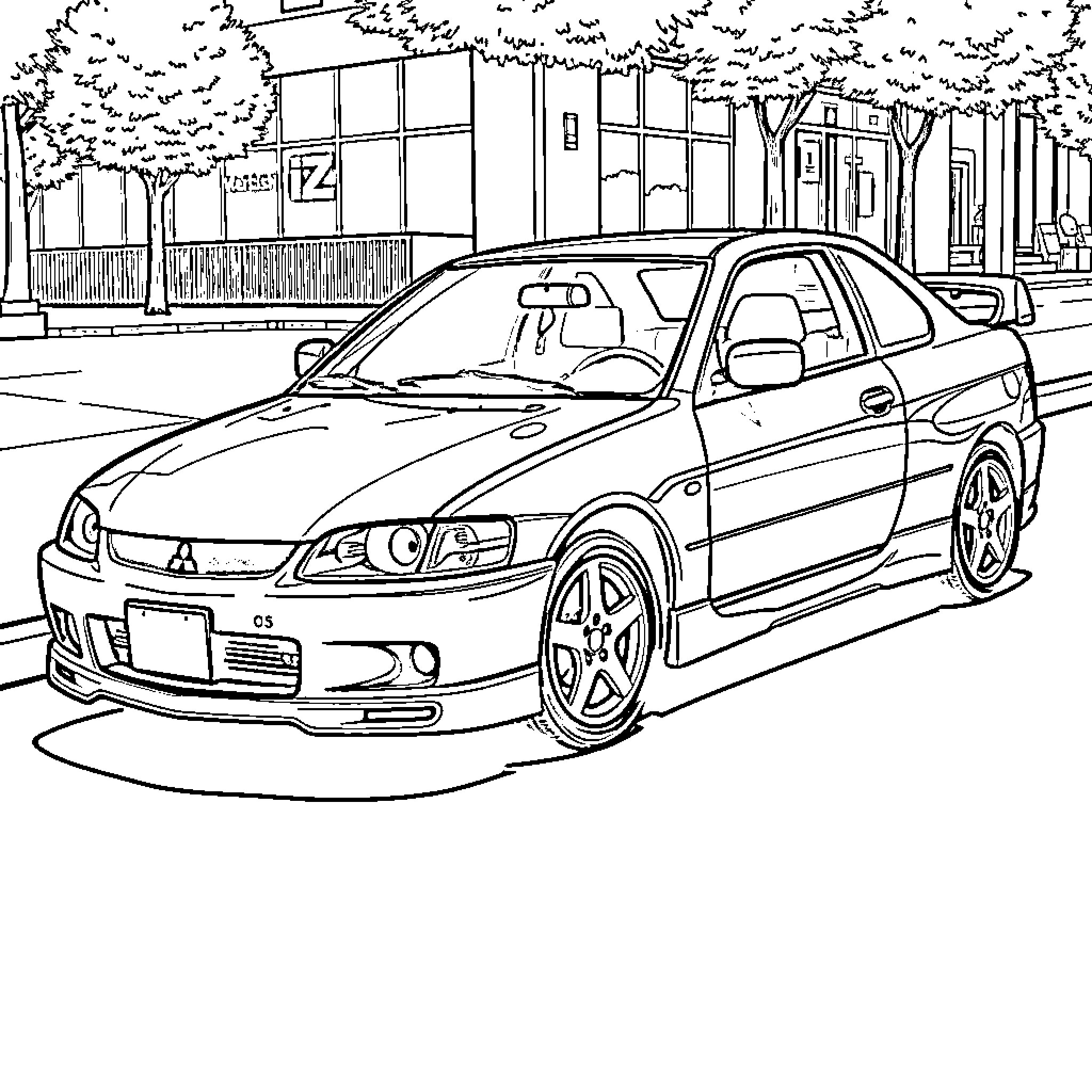 Mitsubishi sports car on urban street Coloring Page (free black-and-white line drawing printable PDF for all, from beginners to advanced learners, including children, teens, adults, and seniors)