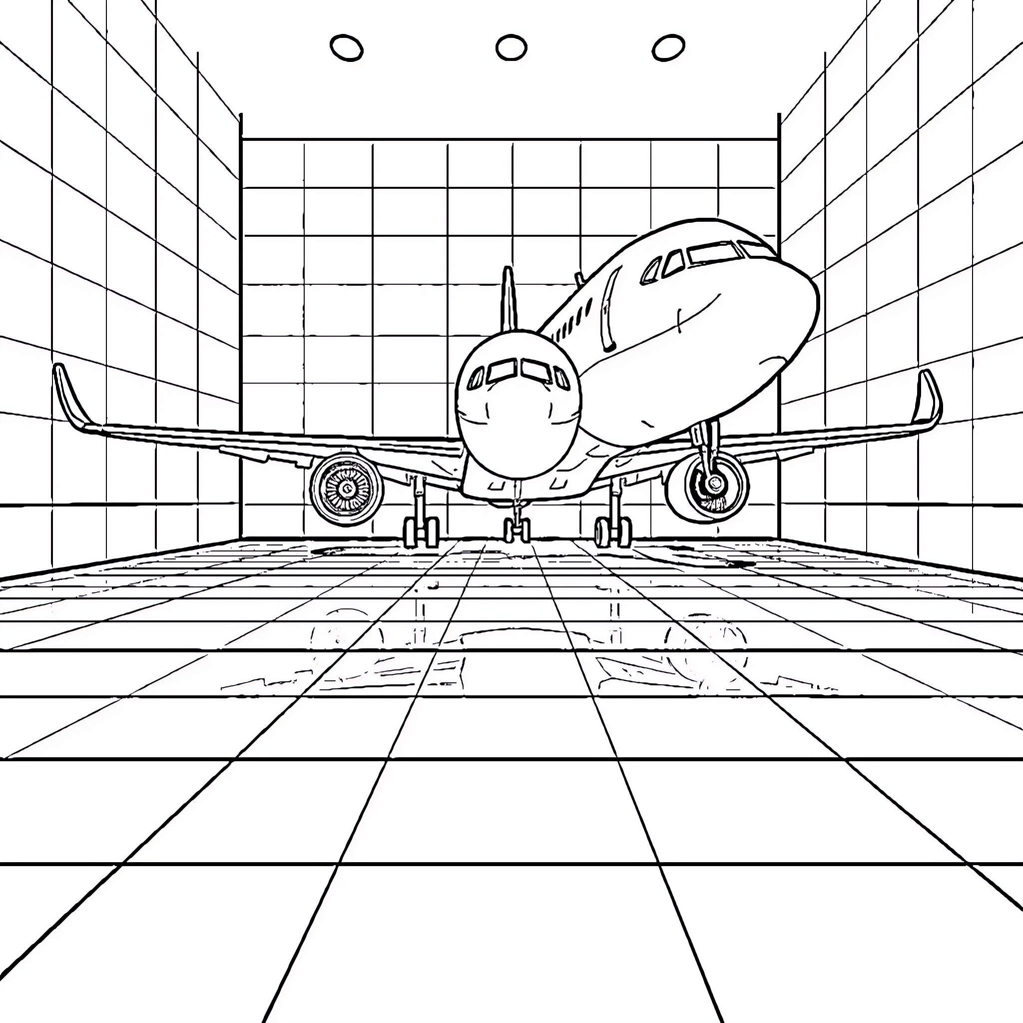 Boeing Airplane in Hangar Coloring Page (free black-and-white line drawing printable PDF for all, from beginners to advanced learners, including children, teens, adults, and seniors)