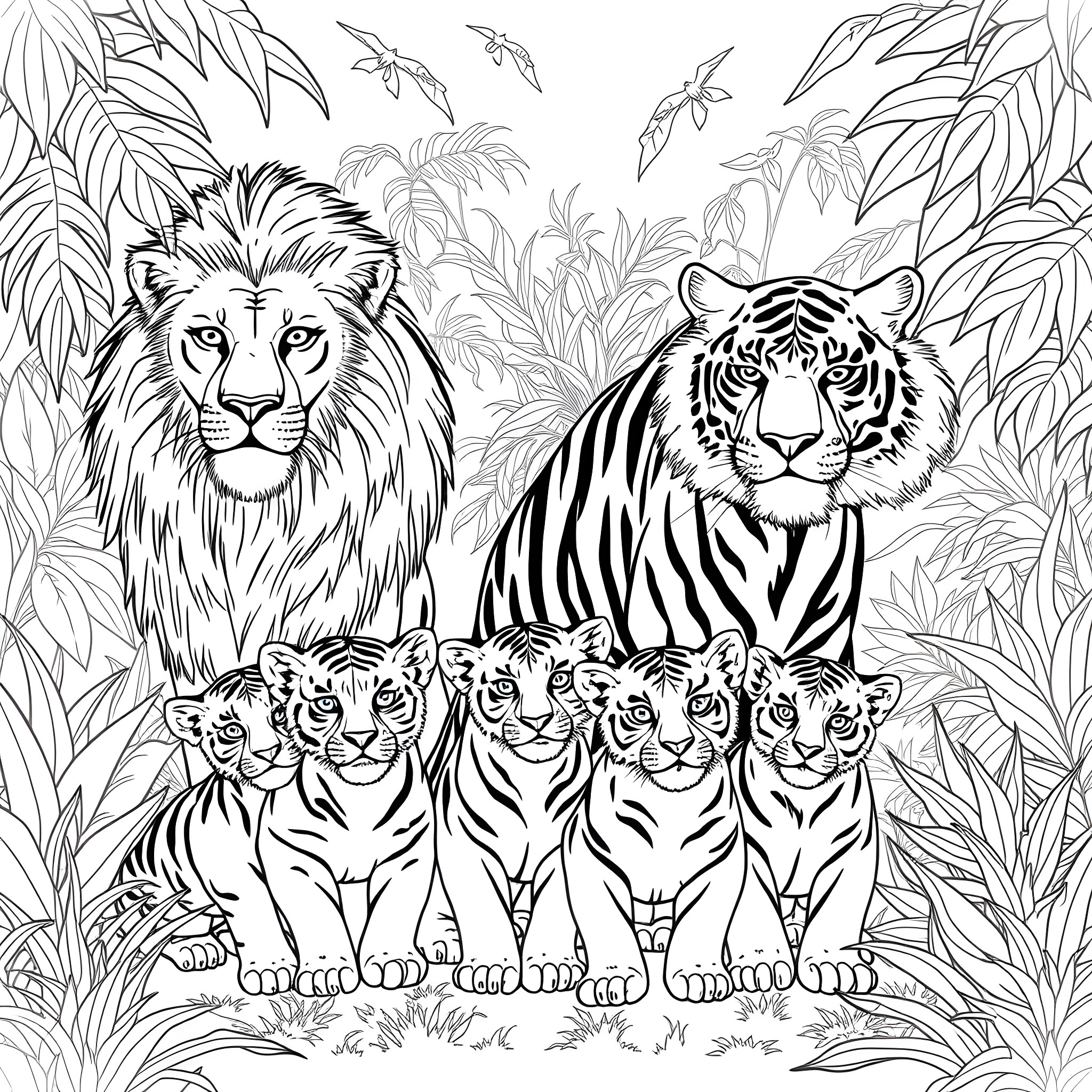 Lion and Tiger Family in Jungle Coloring Page (free black-and-white line drawing printable PDF for all, from beginners to advanced learners, including children, teens, adults, and seniors)