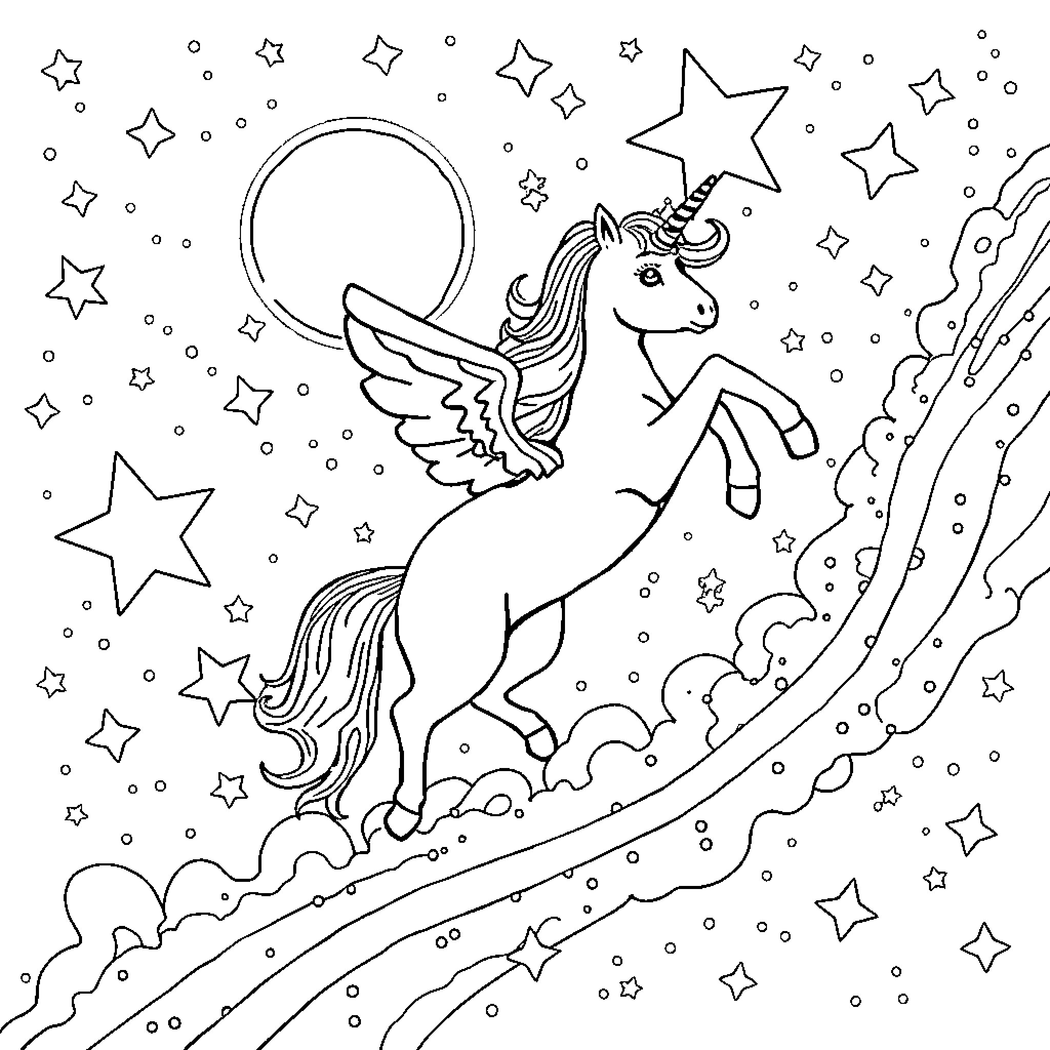 Unicorn soaring among the stars with magic Coloring Page (free black-and-white line drawing printable PDF for all, from beginners to advanced learners, including children, teens, adults, and seniors)
