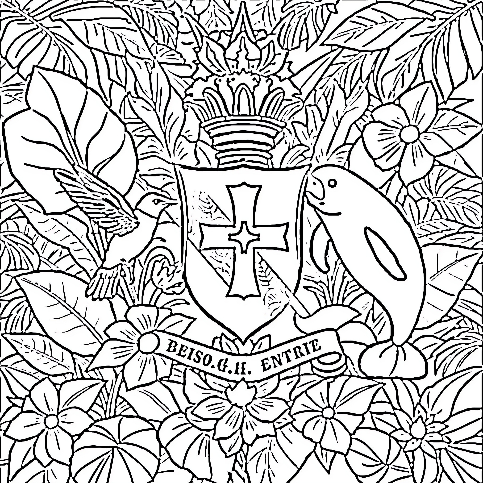Coat of Arms with Tropical Flora and Fauna Coloring Page (free black-and-white line drawing printable PDF for all, from beginners to advanced learners, including children, teens, adults, and seniors)