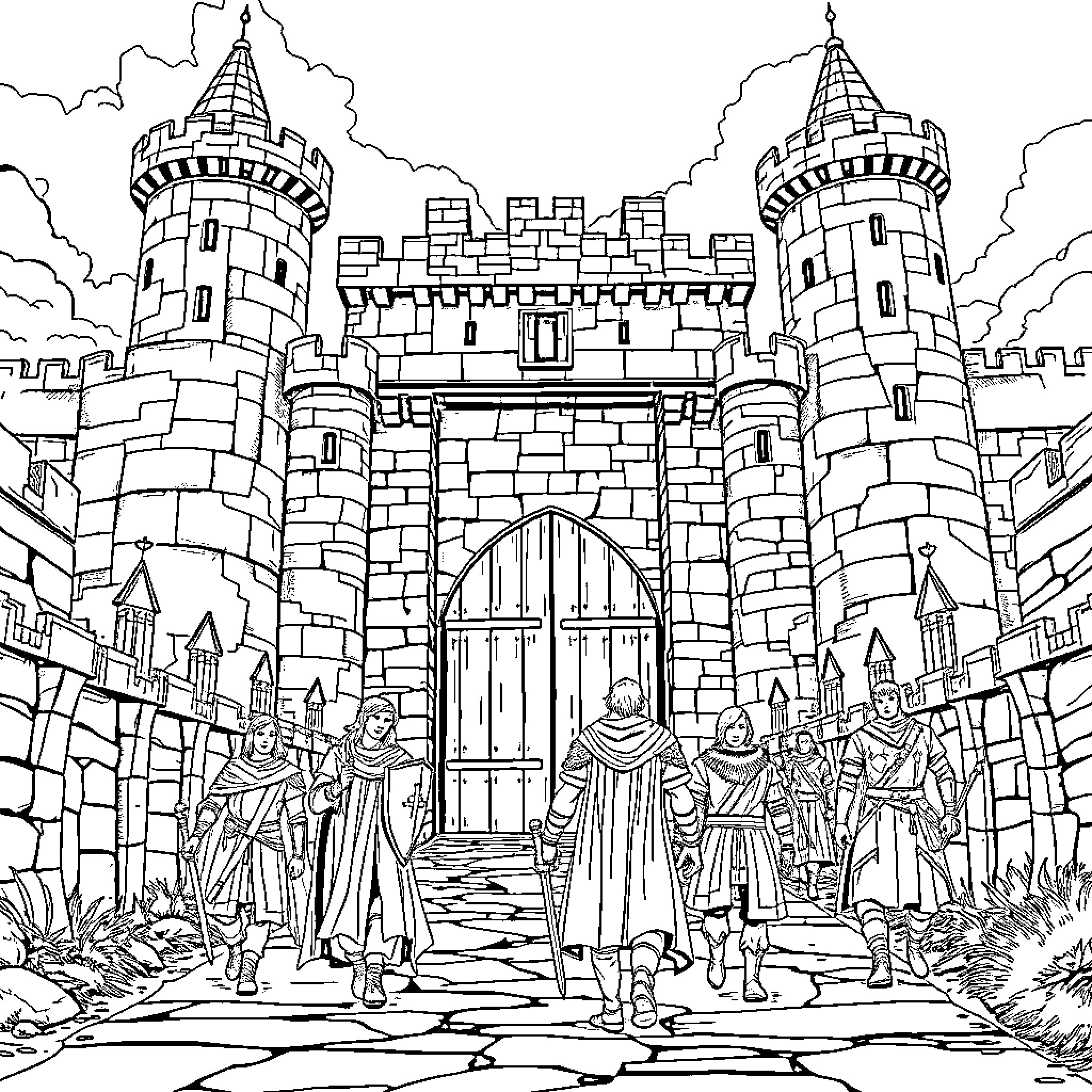 Hero knights defending the castle gate Coloring Page (free black-and-white line drawing printable PDF for all, from beginners to advanced learners, including children, teens, adults, and seniors)