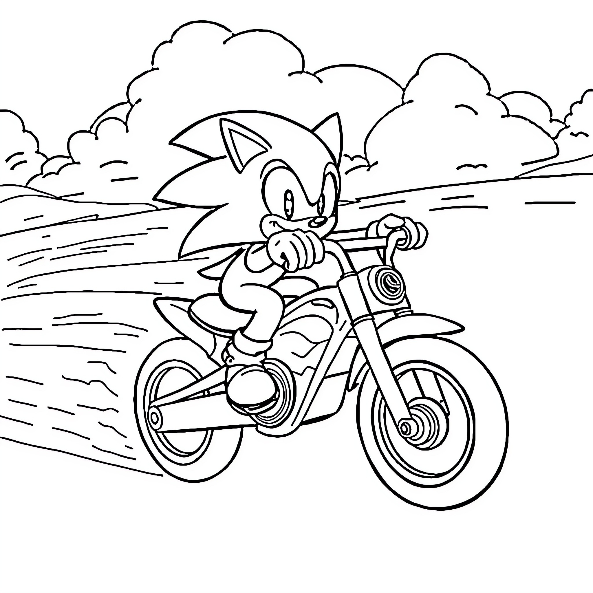 Sonic riding his motorcycle through the countryside Coloring Page (free black-and-white line drawing printable PDF for all, from beginners to advanced learners, including children, teens, adults, and seniors)