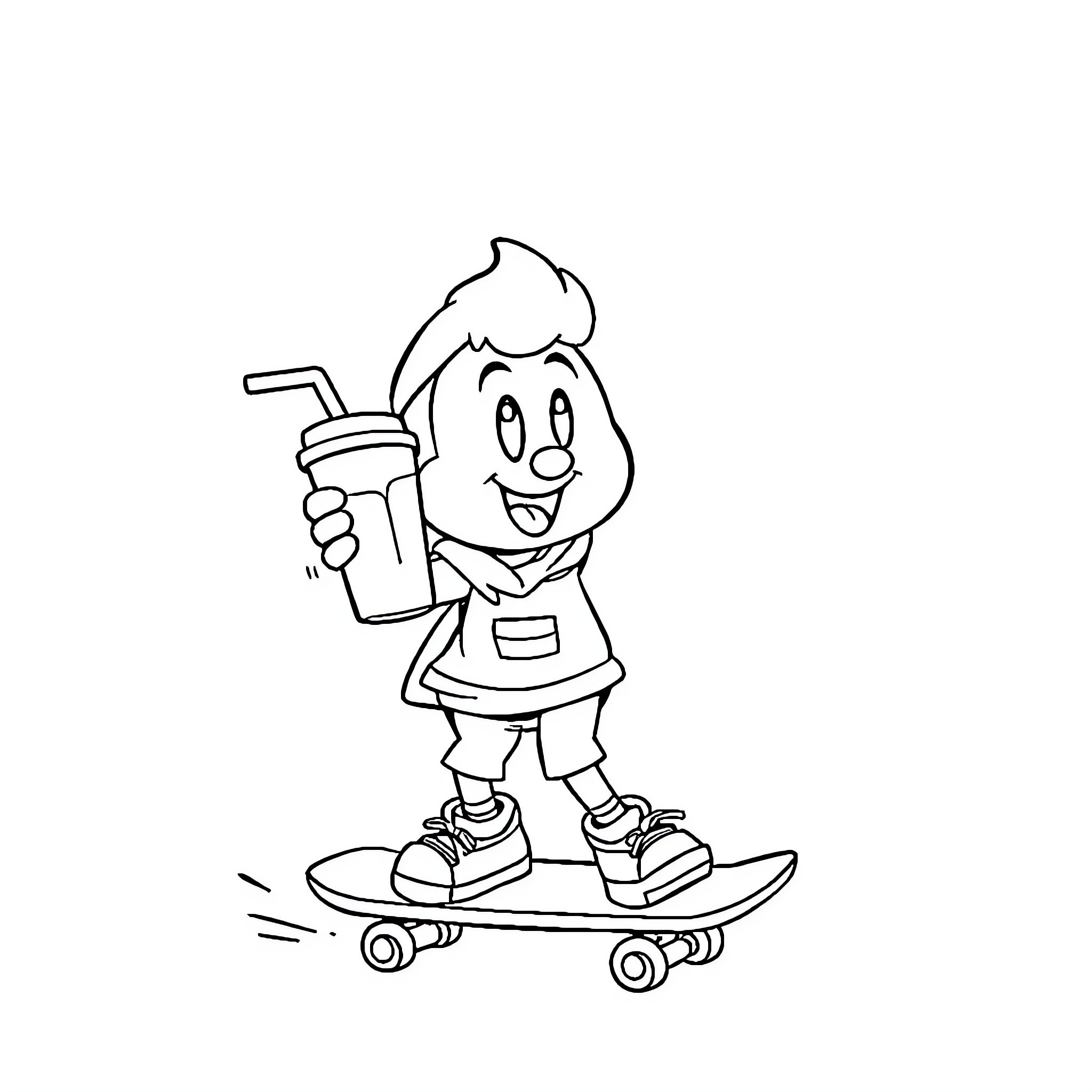 Picsou enjoying a skateboard ride with a beverage Coloring Page (free black-and-white line drawing printable PDF for all, from beginners to advanced learners, including children, teens, adults, and seniors)