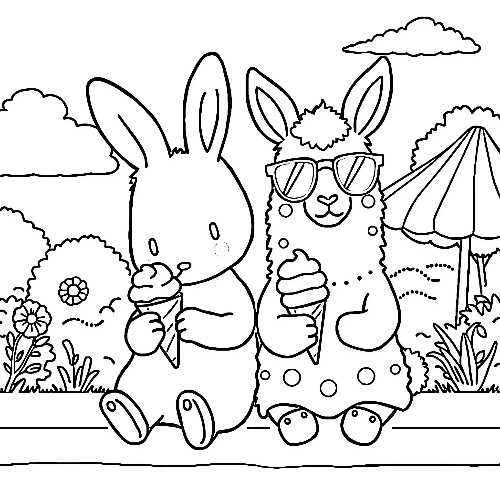 Miffy's Playful Adventure with Llama Friend Coloring Page (free black-and-white line drawing printable PDF for all, from beginners to advanced learners, including children, teens, adults, and seniors)