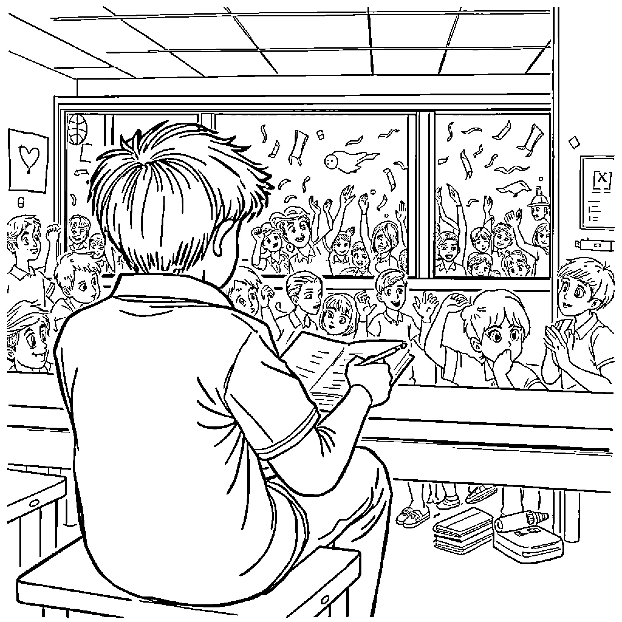 Boy performing on stage in front of cheering crowd Coloring Page (free black-and-white line drawing printable PDF for all, from beginners to advanced learners, including children, teens, adults, and seniors)