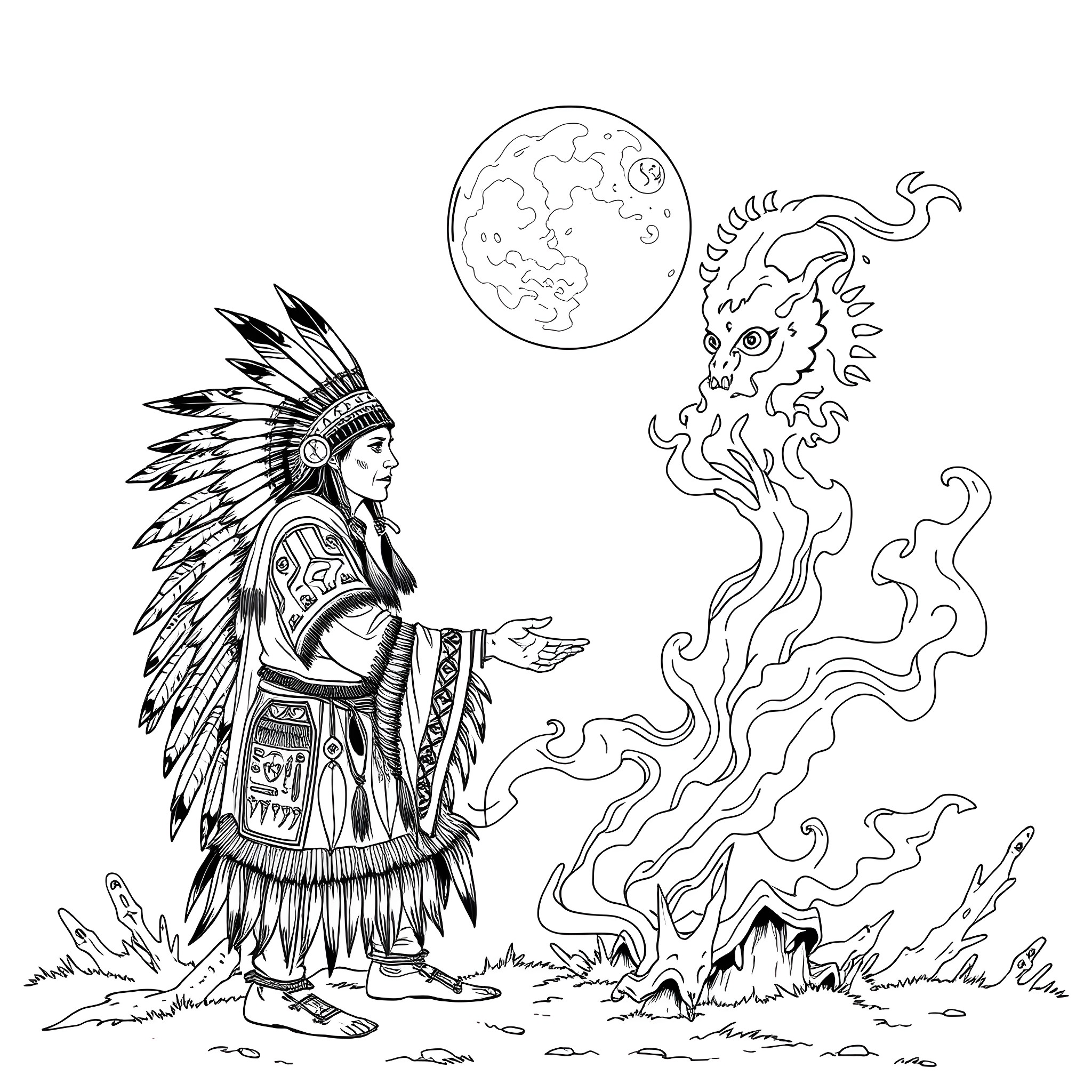 Shaman performing ritual under the moon Coloring Page (free black-and-white line drawing printable PDF for all, from beginners to advanced learners, including children, teens, adults, and seniors)