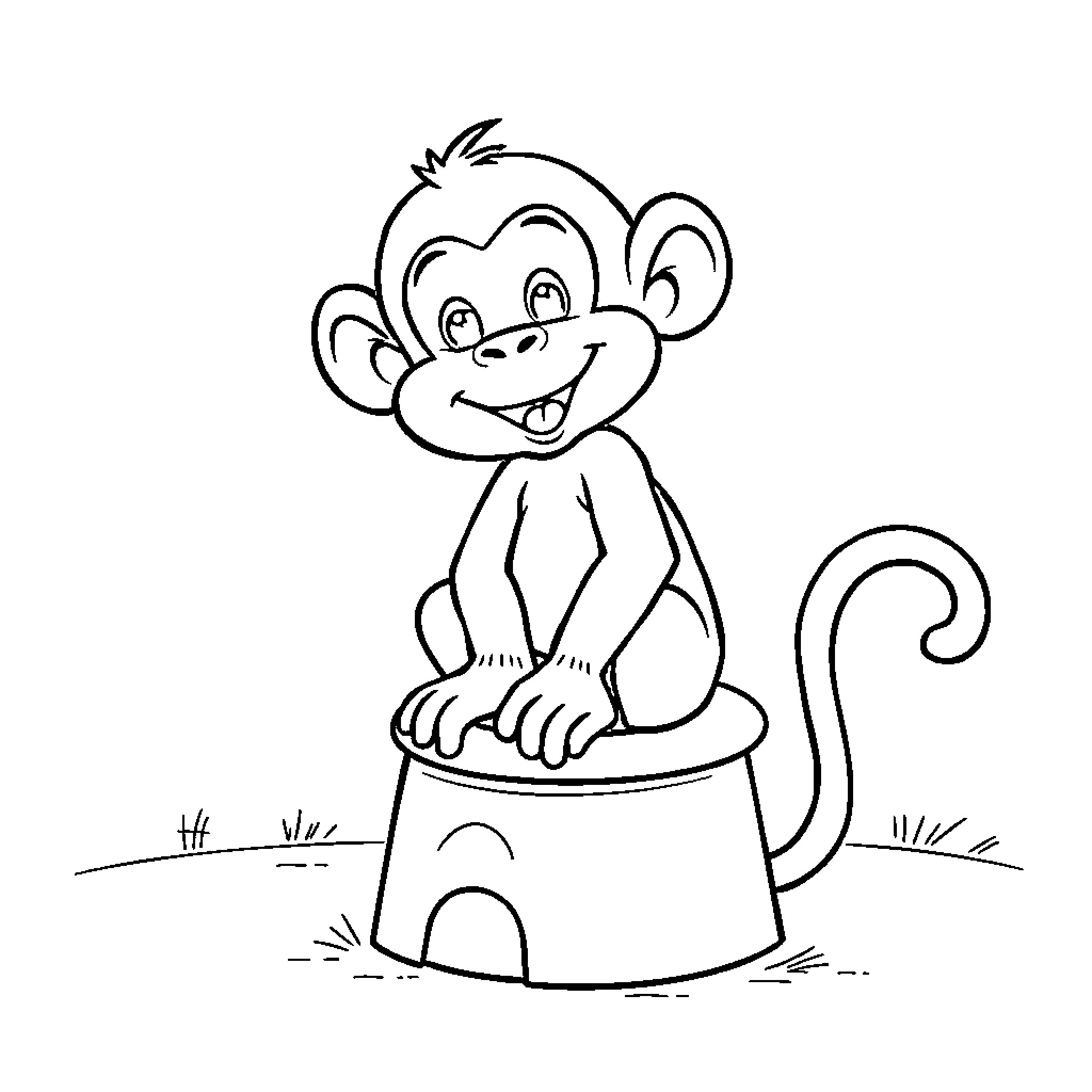 Monkey sitting happily on a stool Coloring Page (free black-and-white line drawing printable PDF for all, from beginners to advanced learners, including children, teens, adults, and seniors)