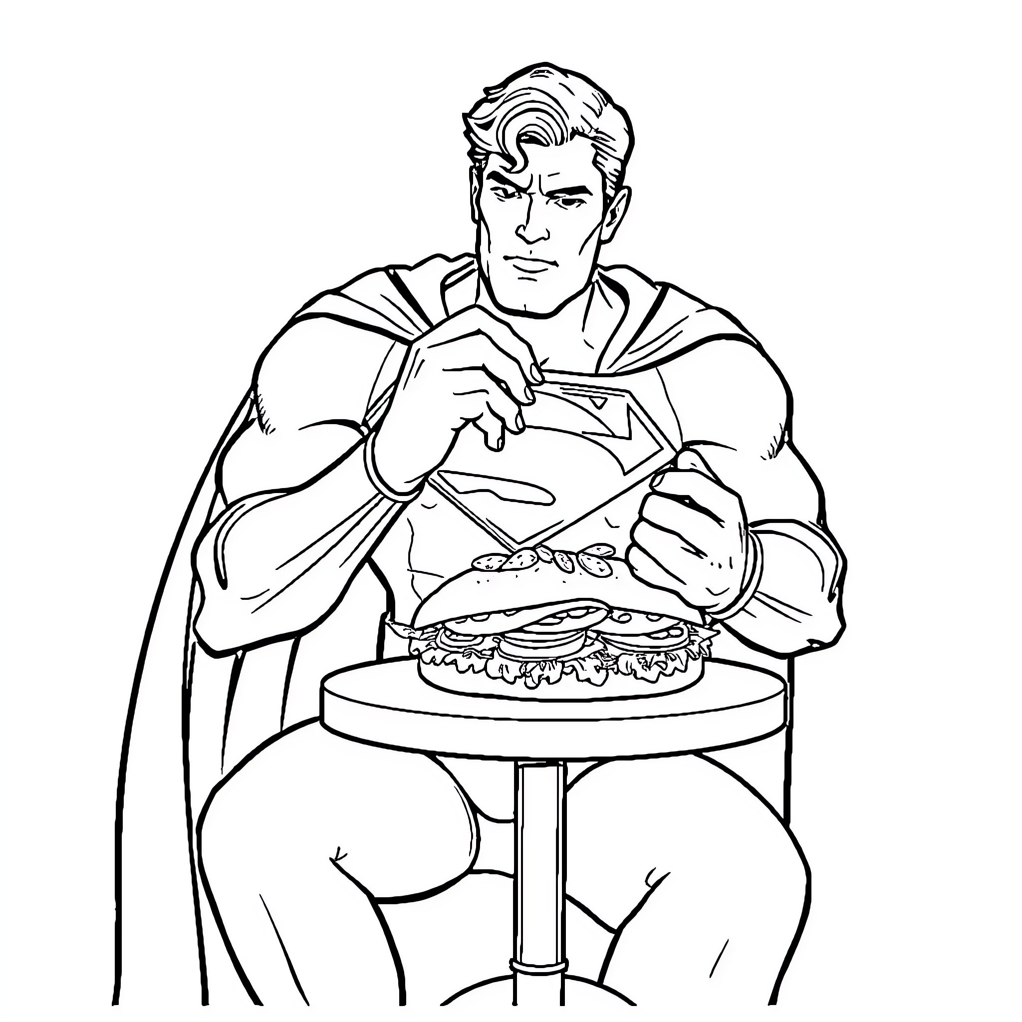Superman enjoying a hearty meal Coloring Page (free black-and-white line drawing printable PDF for all, from beginners to advanced learners, including children, teens, adults, and seniors)