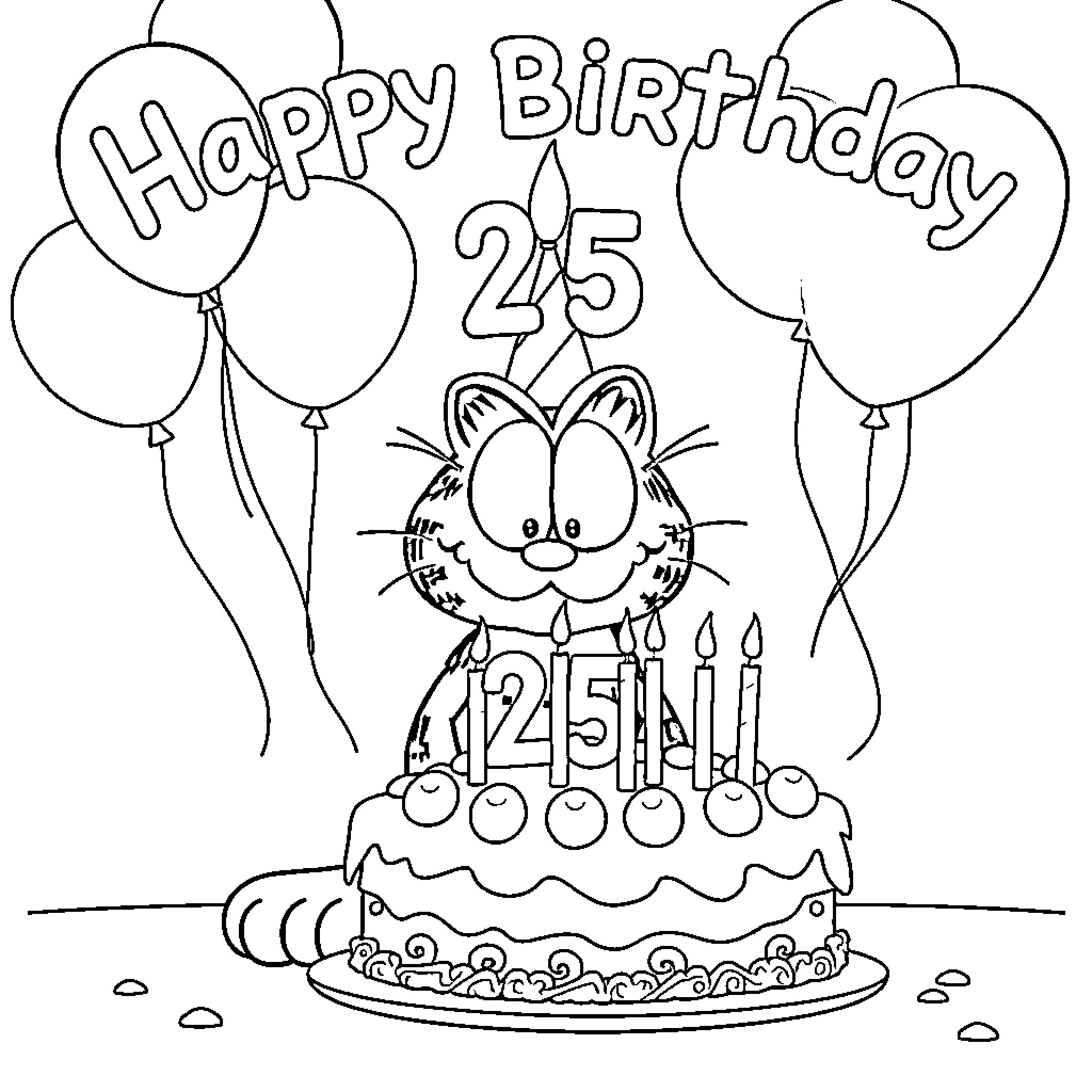 Garfield's 25th Birthday Celebration Coloring Page (free black-and-white line drawing printable PDF for all, from beginners to advanced learners, including children, teens, adults, and seniors)