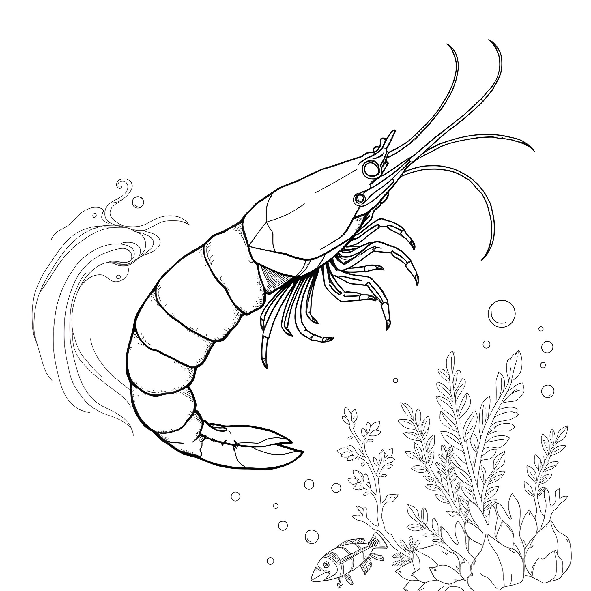 Shrimp swimming gracefully amidst underwater plants Coloring Page (free black-and-white line drawing printable PDF for all, from beginners to advanced learners, including children, teens, adults, and seniors)
