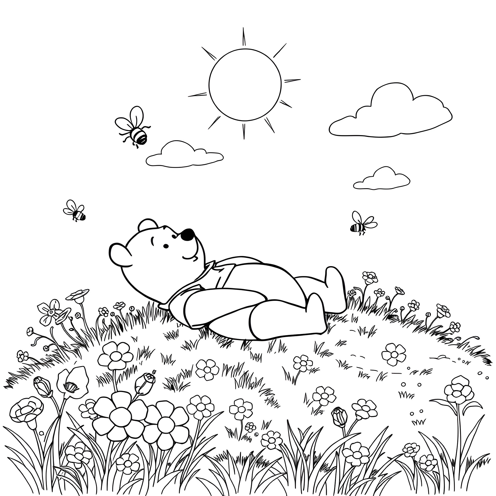 Winnie The Pooh relaxing in a meadow filled with flowers Coloring Page (free black-and-white line drawing printable PDF for all, from beginners to advanced learners, including children, teens, adults, and seniors)