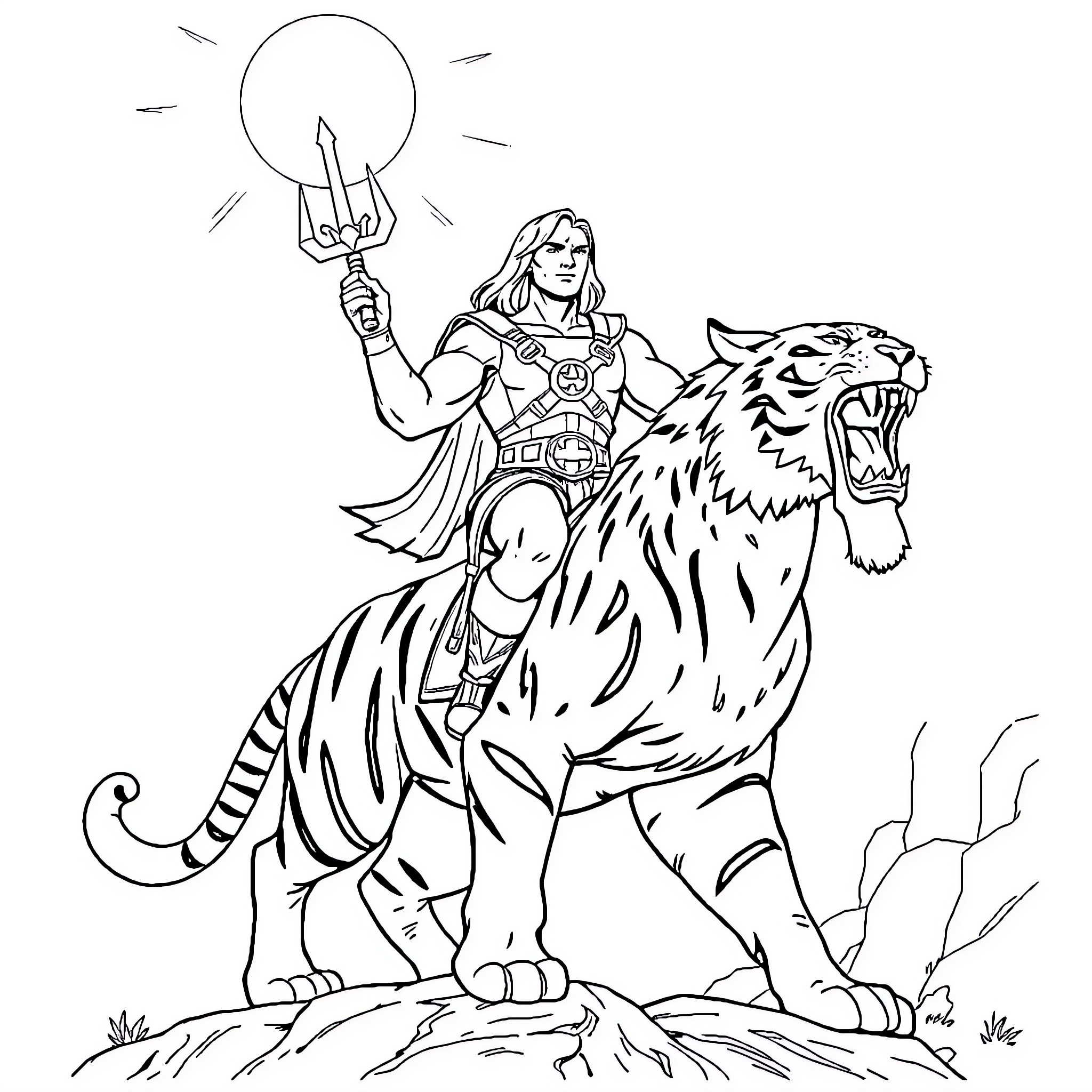 He-Man riding a ferocious tiger in action Coloring Page (free black-and-white line drawing printable PDF for all, from beginners to advanced learners, including children, teens, adults, and seniors)