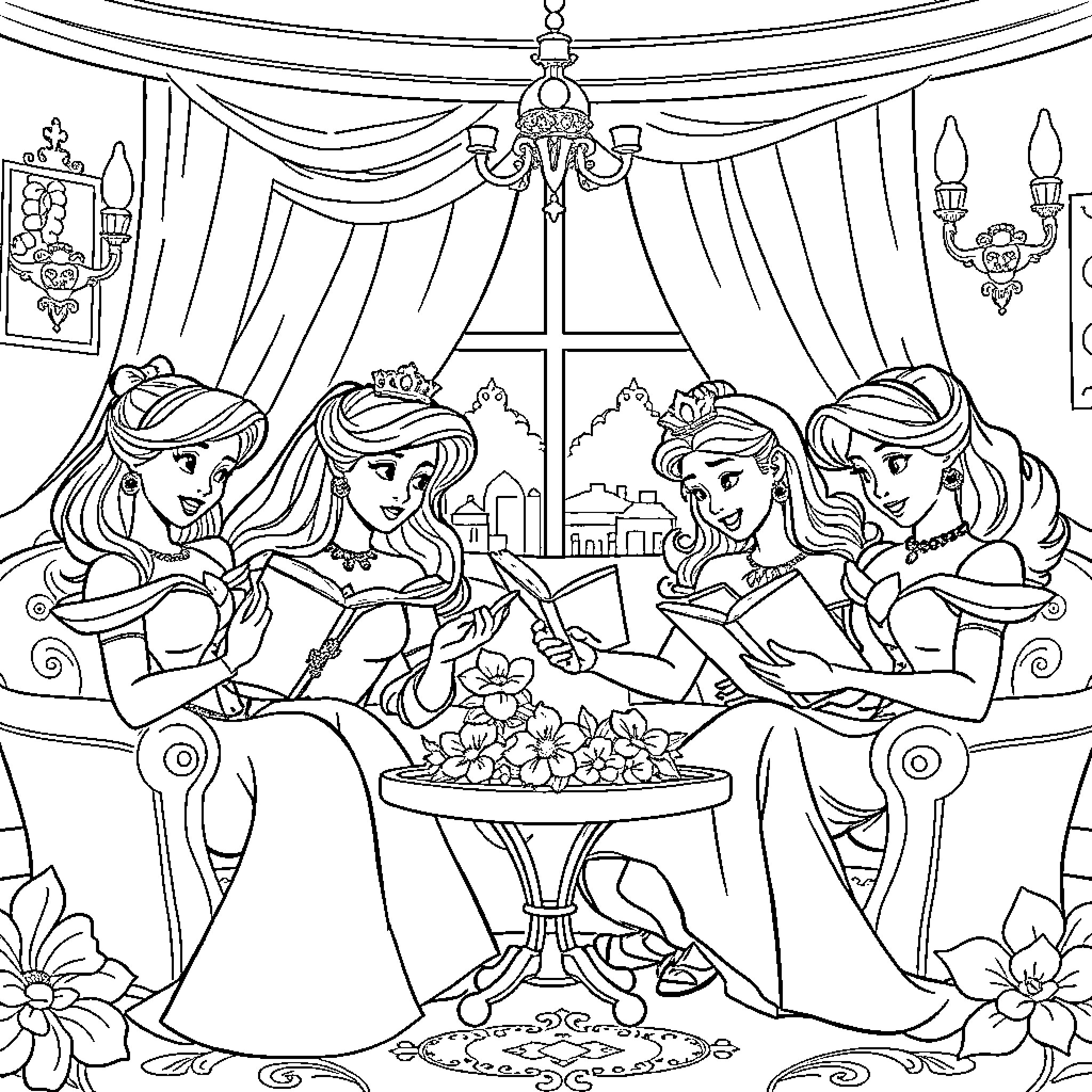Princess tea party with friends in elegant setting Coloring Page (free black-and-white line drawing printable PDF for all, from beginners to advanced learners, including children, teens, adults, and seniors)