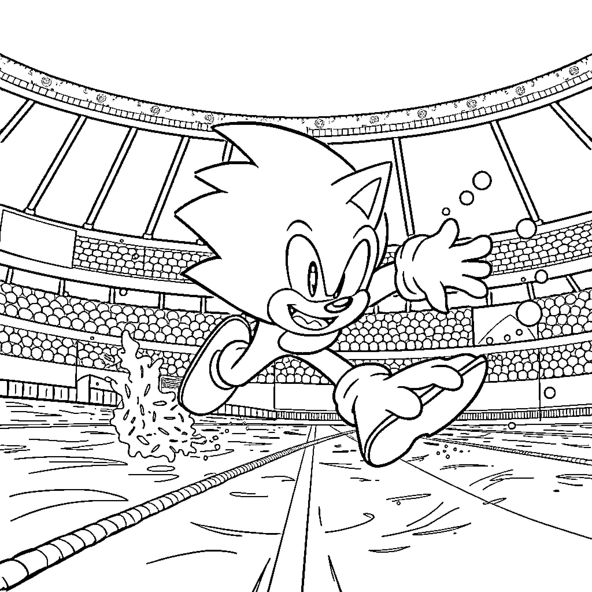 Sonic dashing through the stadium Coloring Page (free black-and-white line drawing printable PDF for all, from beginners to advanced learners, including children, teens, adults, and seniors)