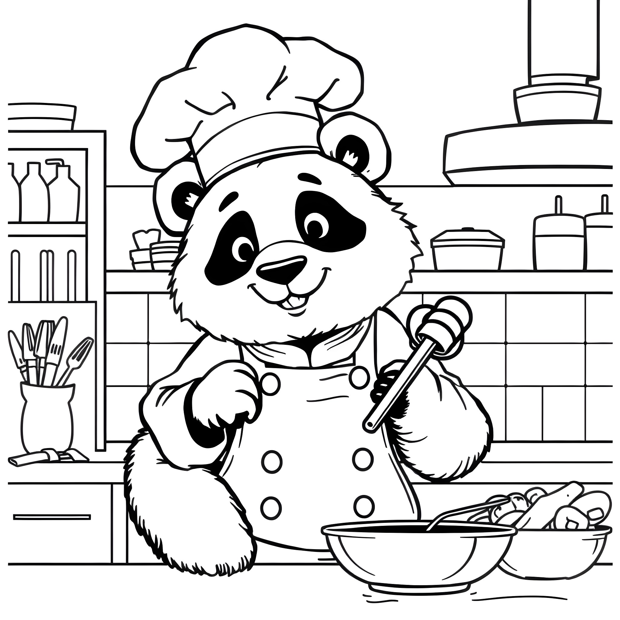 Panda chef cooking in the kitchen Coloring Page (free black-and-white line drawing printable PDF for all, from beginners to advanced learners, including children, teens, adults, and seniors)