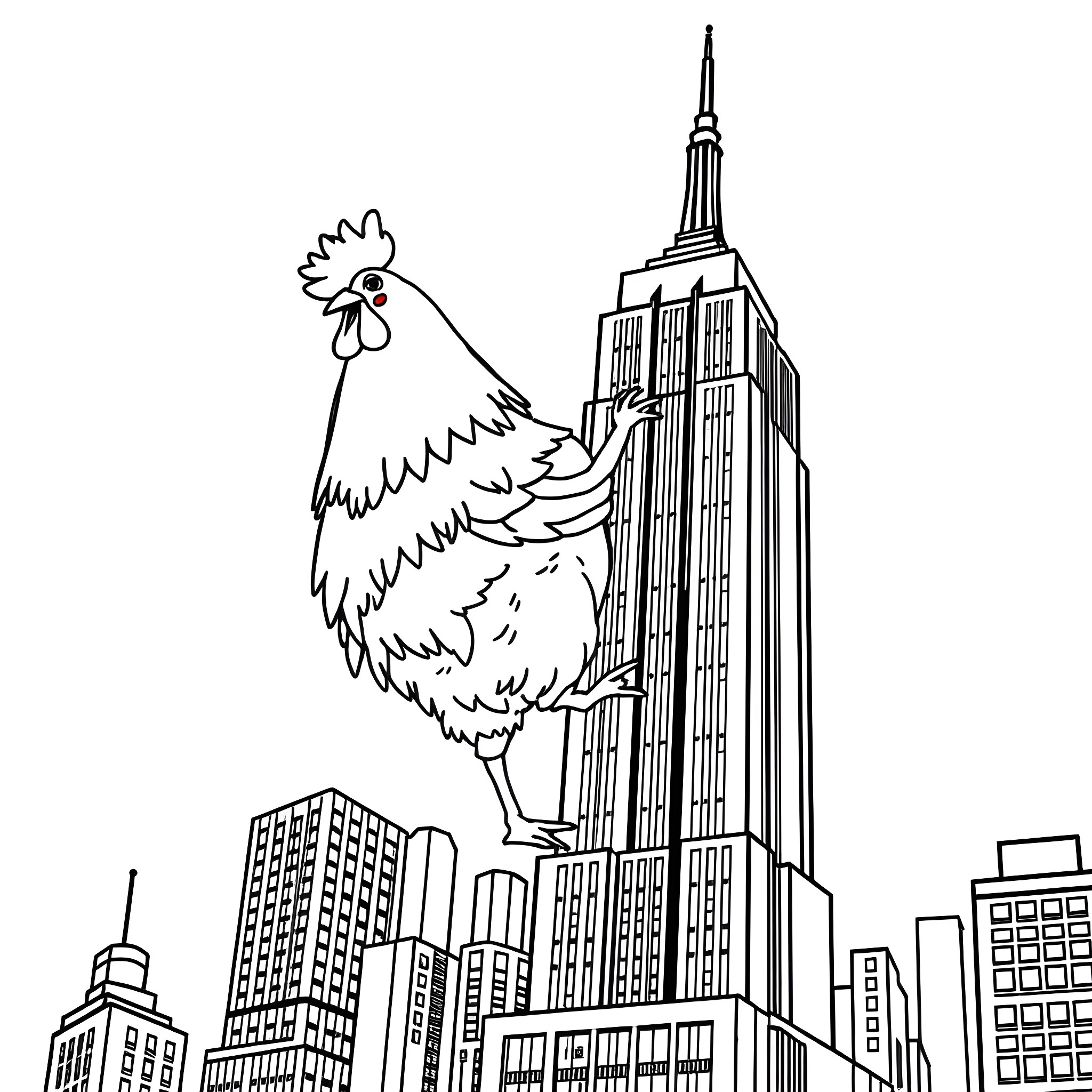 Chicken visits the city skyscrapers Coloring Page (free black-and-white line drawing printable PDF for all, from beginners to advanced learners, including children, teens, adults, and seniors)