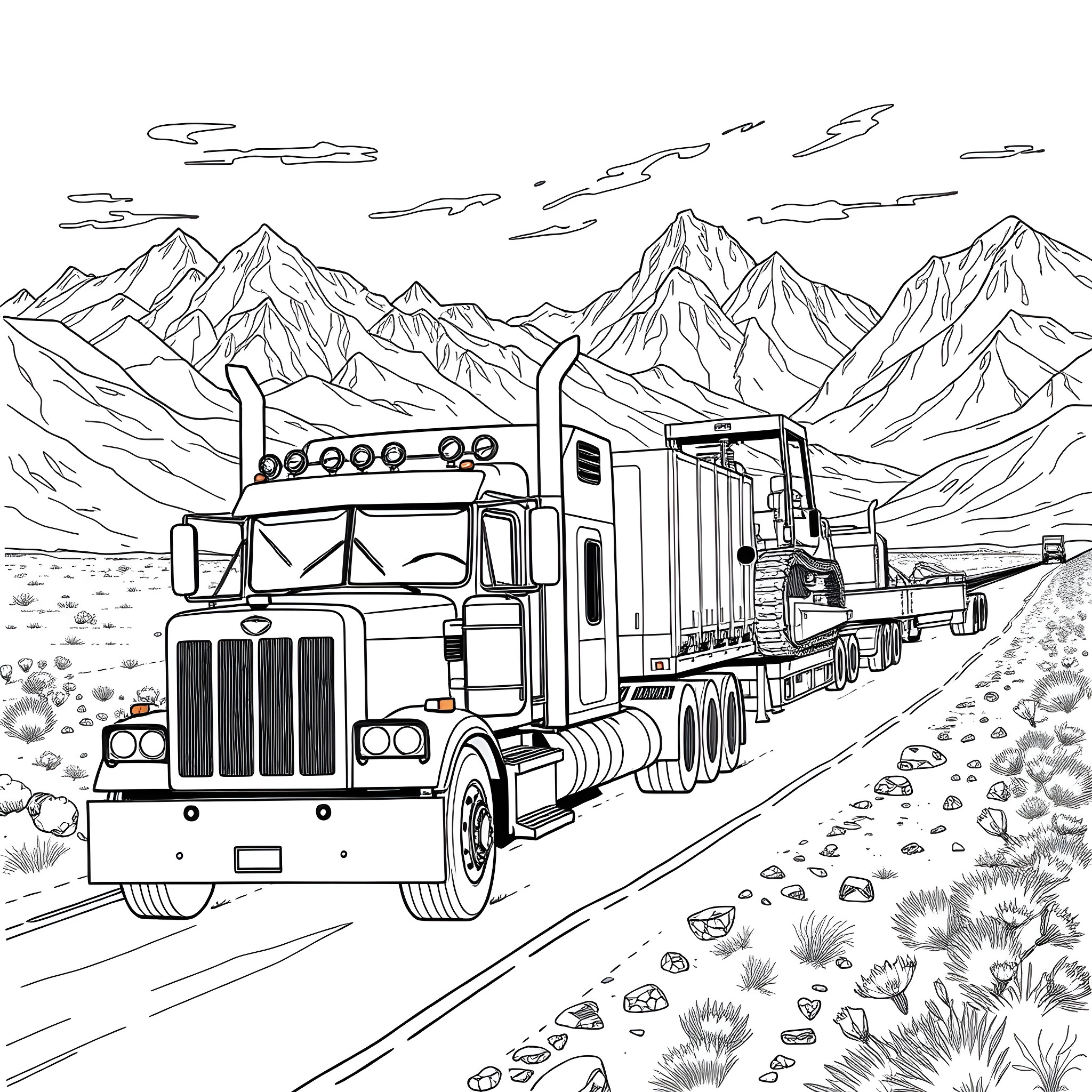 Truck Transporting Cargo Through Scenic Mountain Landscape Coloring Page (free black-and-white line drawing printable PDF for all, from beginners to advanced learners, including children, teens, adults, and seniors)