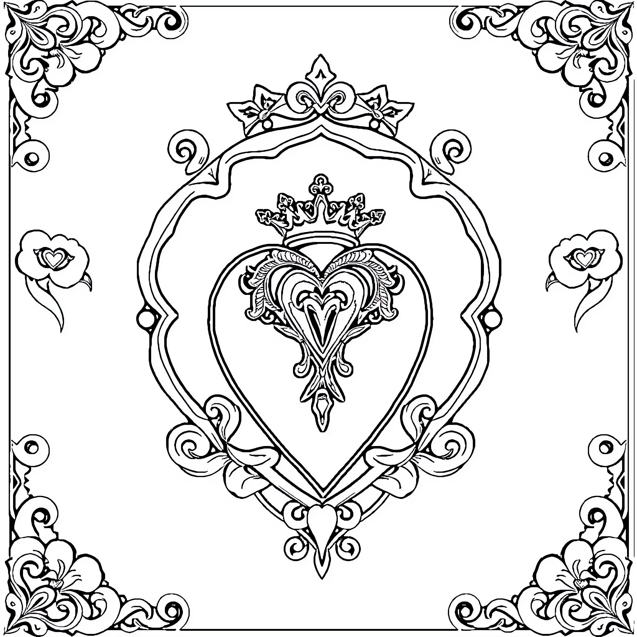 Heart King's Ornate Throne Decor Coloring Page (free black-and-white line drawing printable PDF for all, from beginners to advanced learners, including children, teens, adults, and seniors)