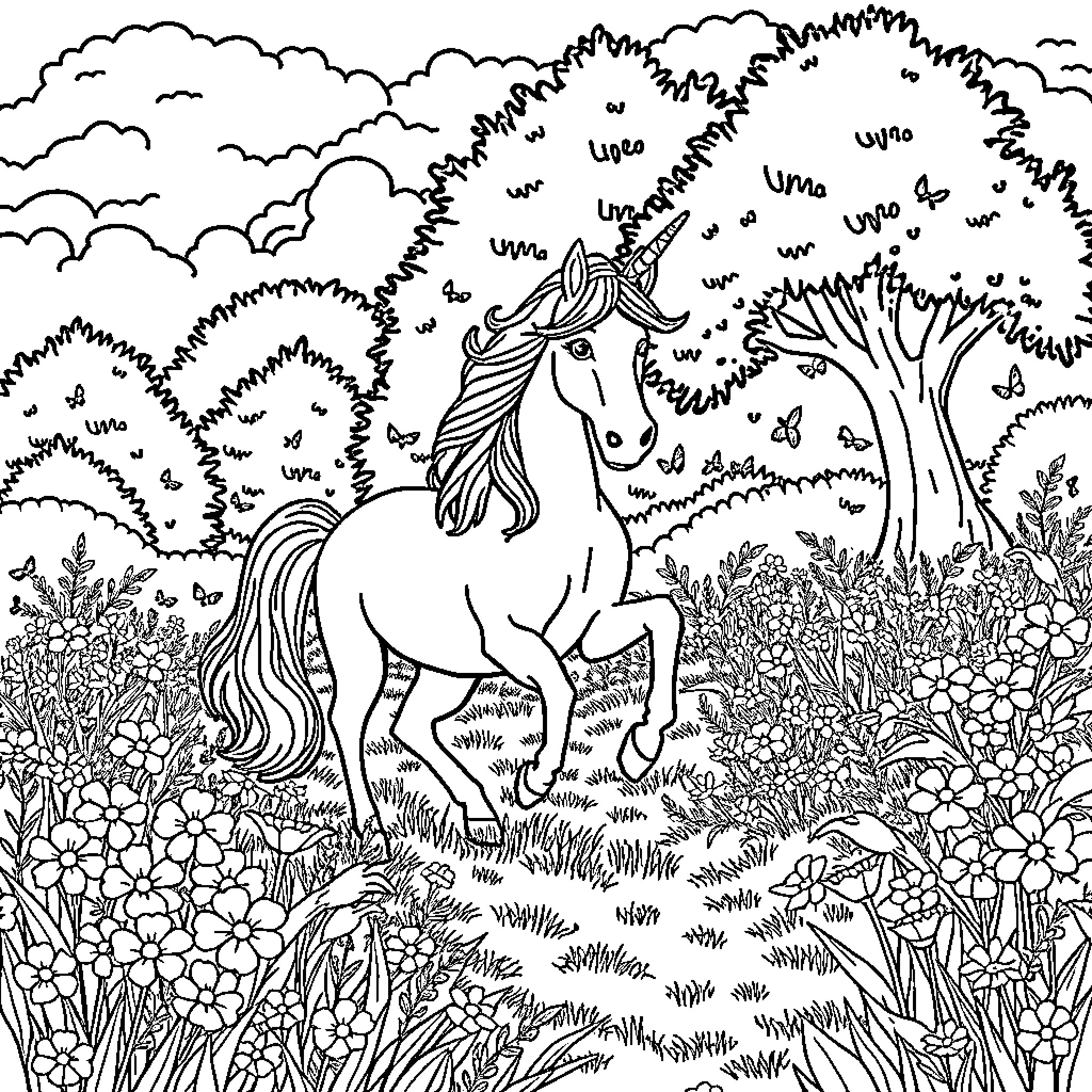 Unicorn Frolicking in Magical Forest Meadow Coloring Page (free black-and-white line drawing printable PDF for all, from beginners to advanced learners, including children, teens, adults, and seniors)