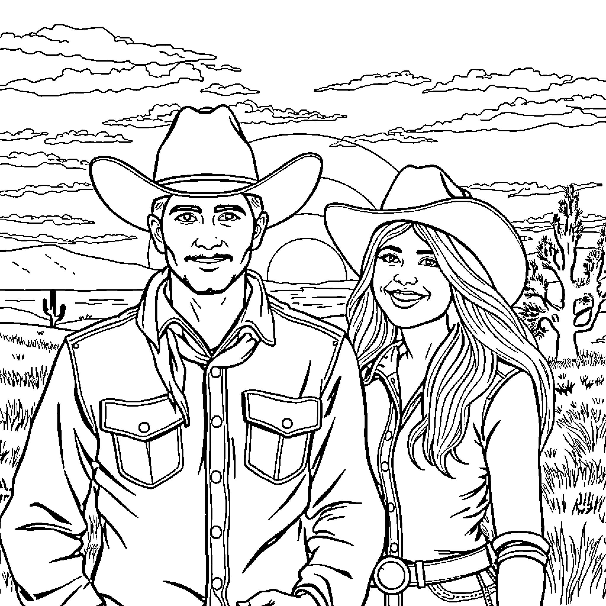 Cowboy couple posing in the desert landscape Coloring Page (free black-and-white line drawing printable PDF for all, from beginners to advanced learners, including children, teens, adults, and seniors)