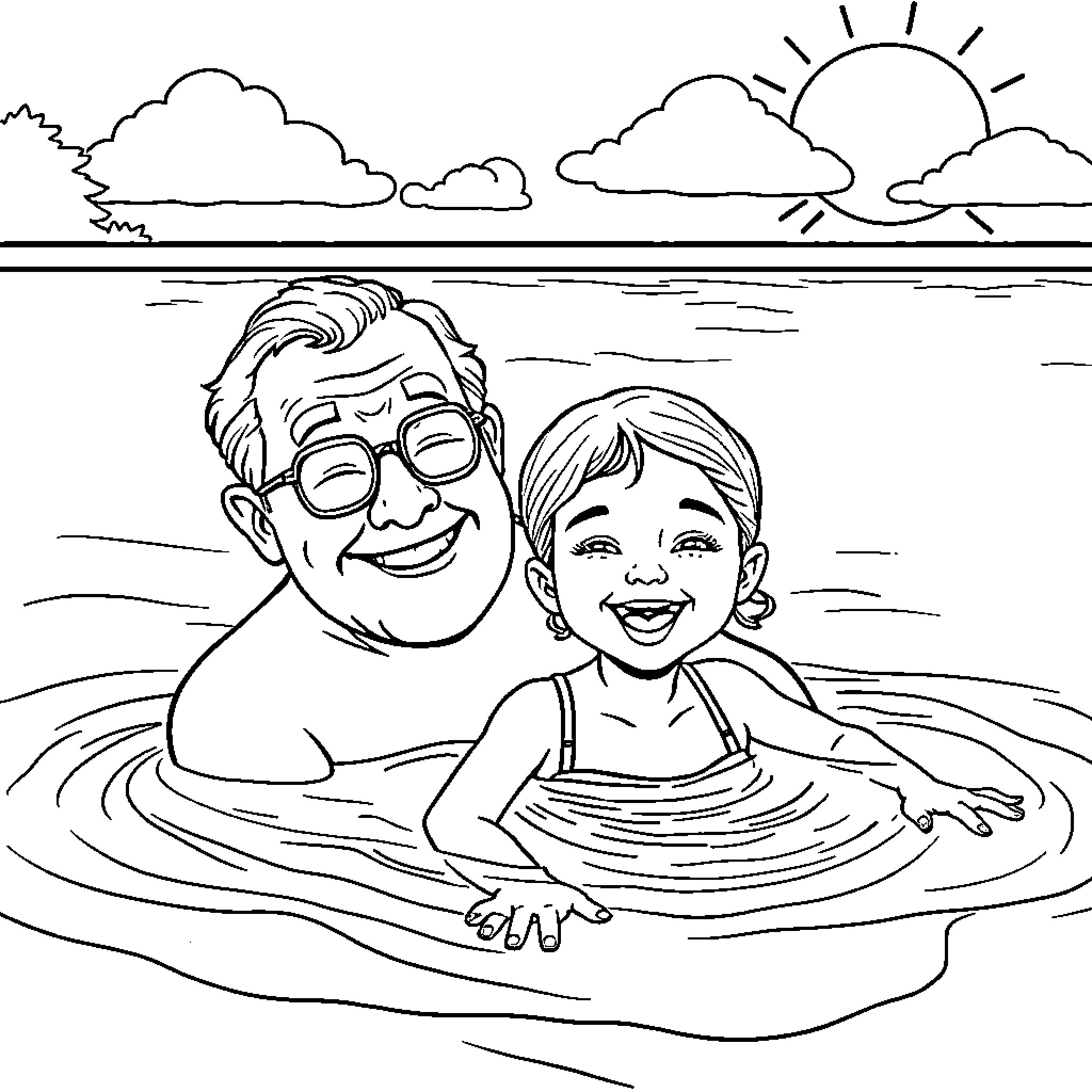 Girl happily swimming with grandfather in the ocean Coloring Page (free black-and-white line drawing printable PDF for all, from beginners to advanced learners, including children, teens, adults, and seniors)