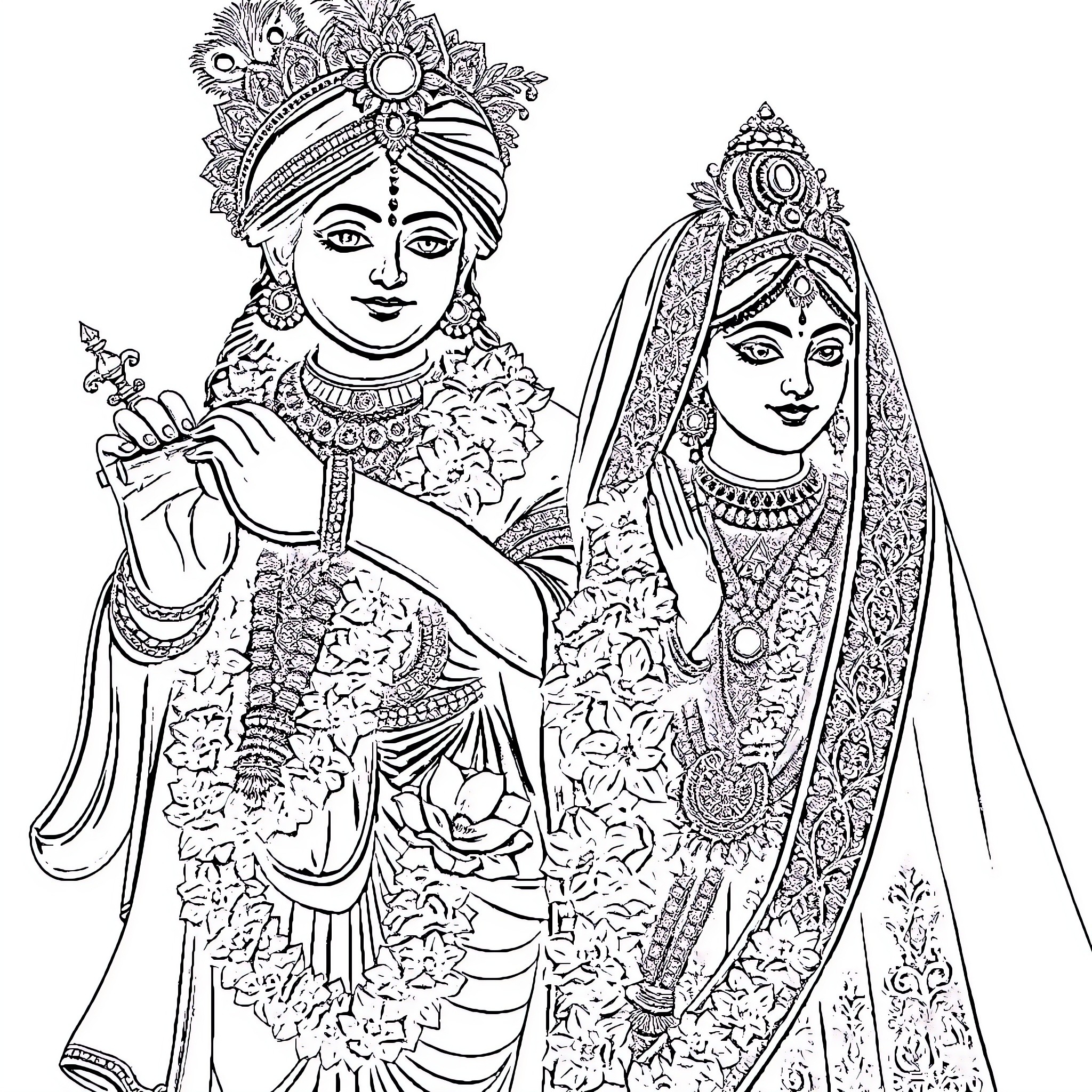 Krishna and Radha in Ornate Divine Attire Coloring Page (free black-and-white line drawing printable PDF for all, from beginners to advanced learners, including children, teens, adults, and seniors)