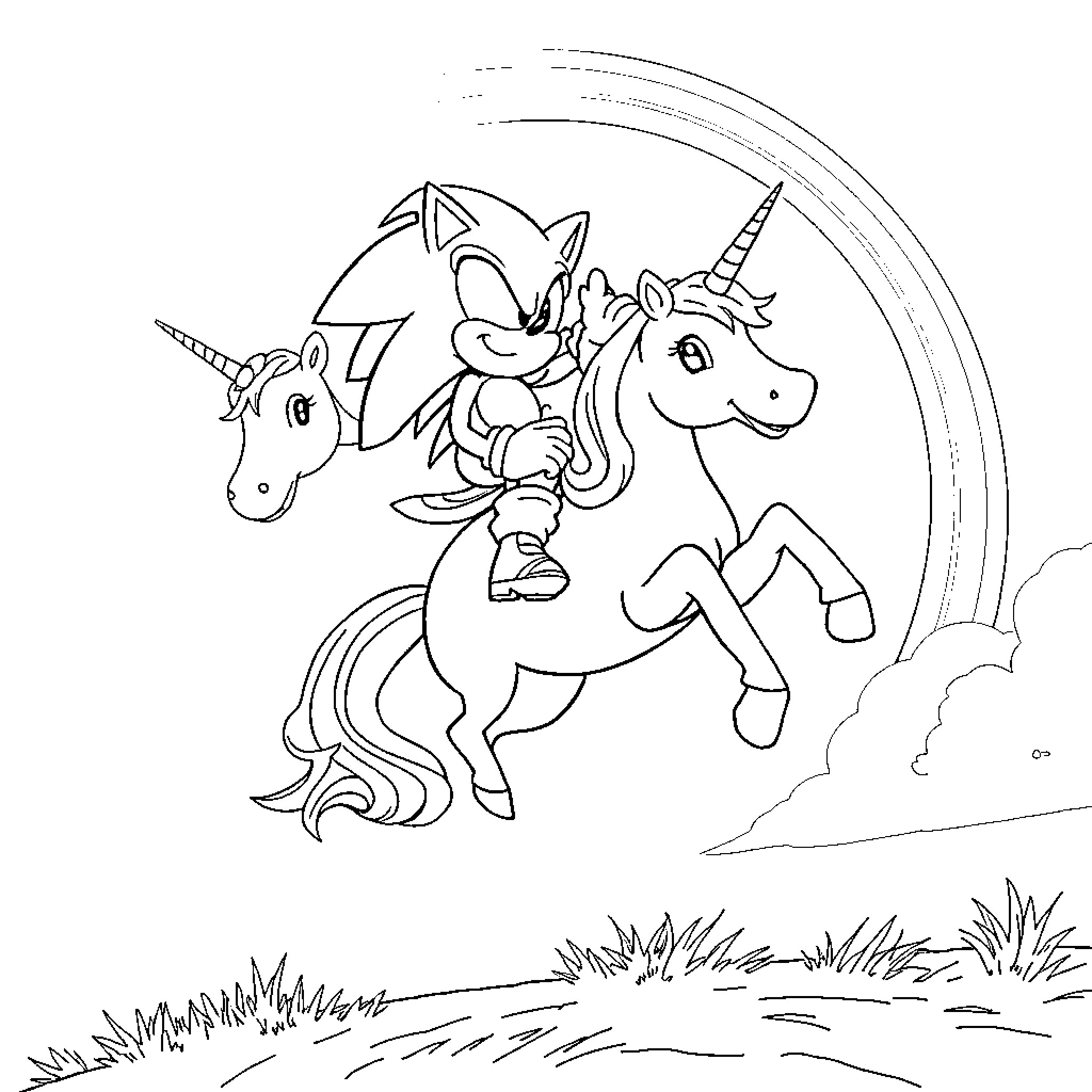 Sonic racing with a magical unicorn Coloring Page (free black-and-white line drawing printable PDF for all, from beginners to advanced learners, including children, teens, adults, and seniors)