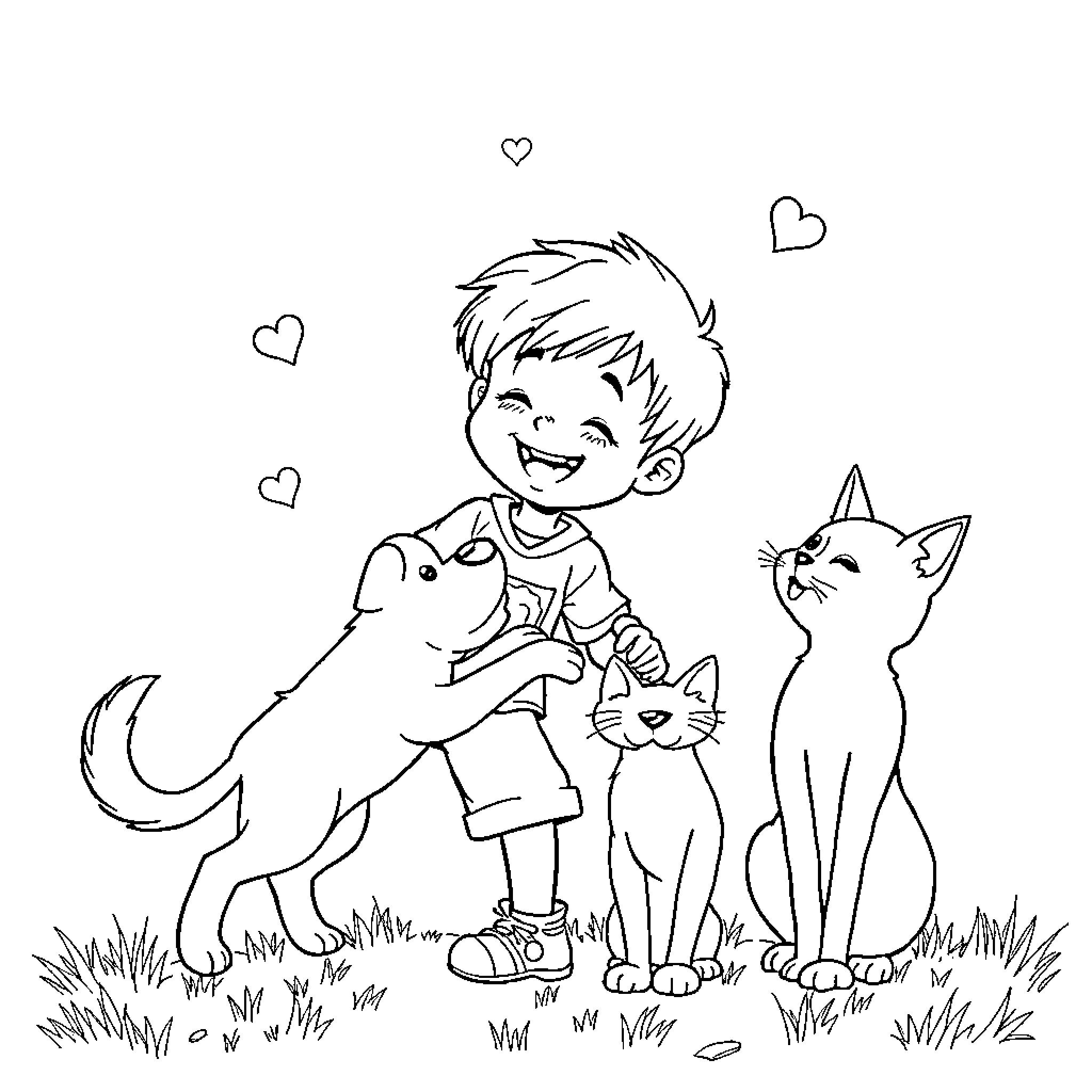 Boy playing with cute kittens in the field Coloring Page (free black-and-white line drawing printable PDF for all, from beginners to advanced learners, including children, teens, adults, and seniors)