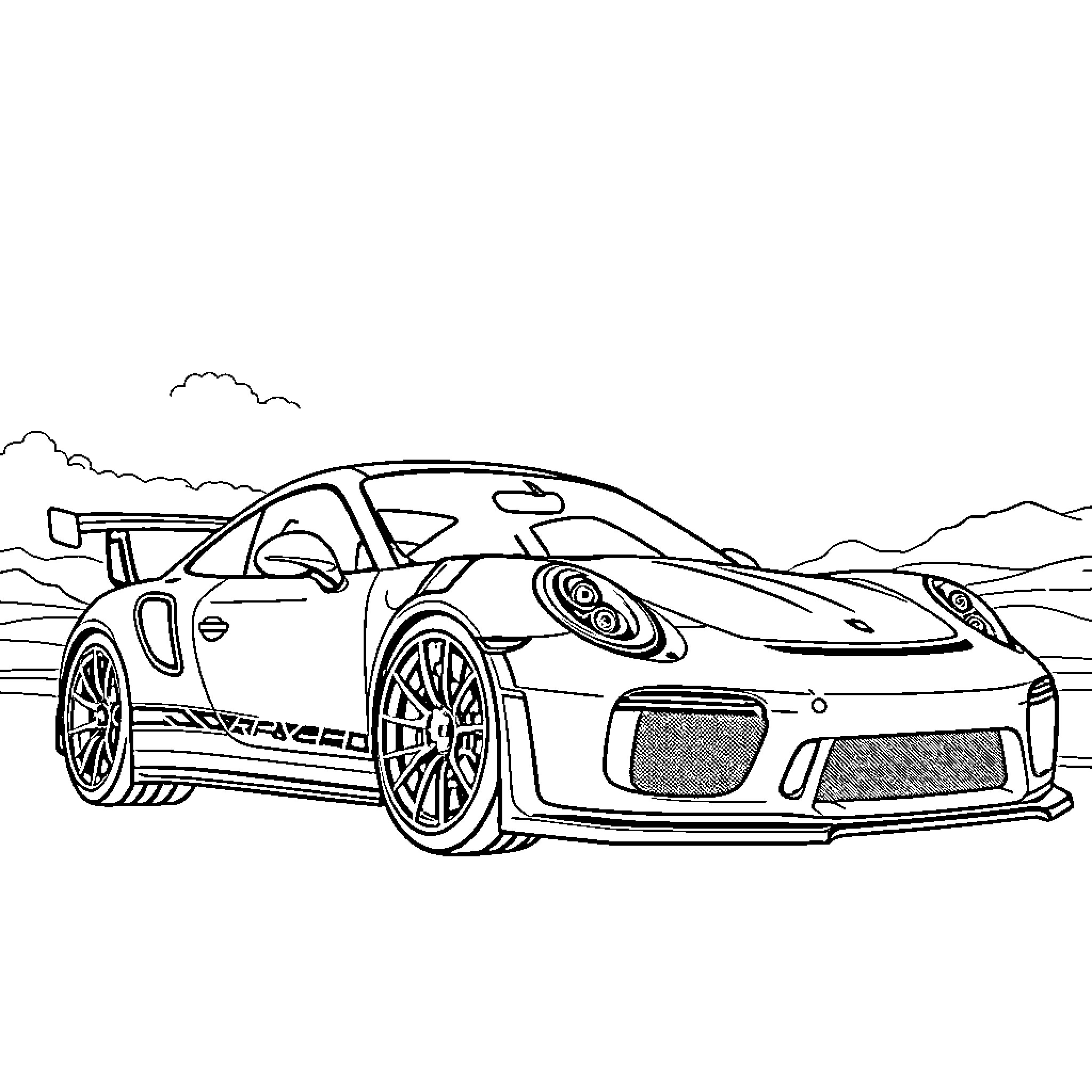Porsche sports car racing through the countryside Coloring Page (free black-and-white line drawing printable PDF for all, from beginners to advanced learners, including children, teens, adults, and seniors)
