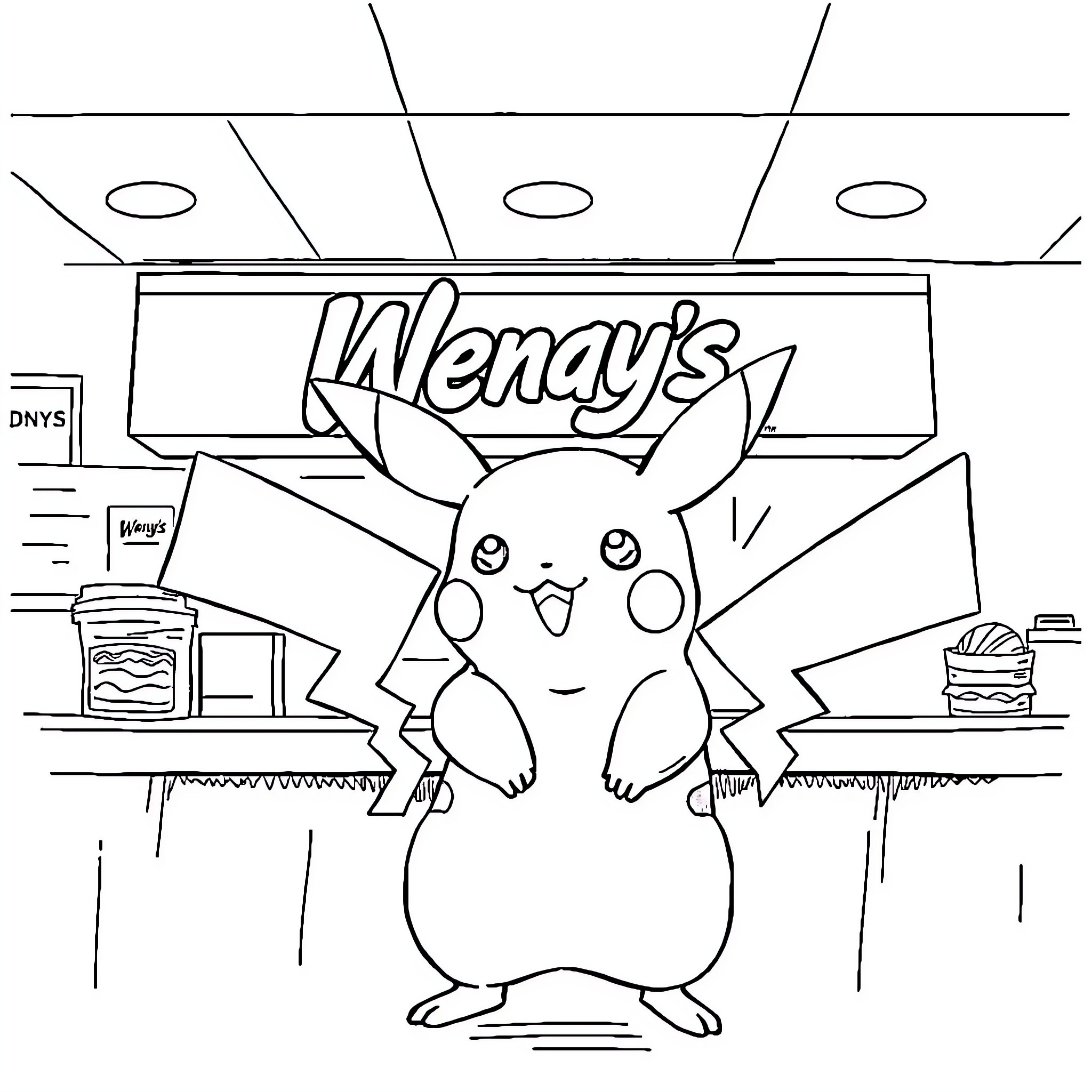 Pikachu enjoying a snack at Wendy's Coloring Page (free black-and-white line drawing printable PDF for all, from beginners to advanced learners, including children, teens, adults, and seniors)