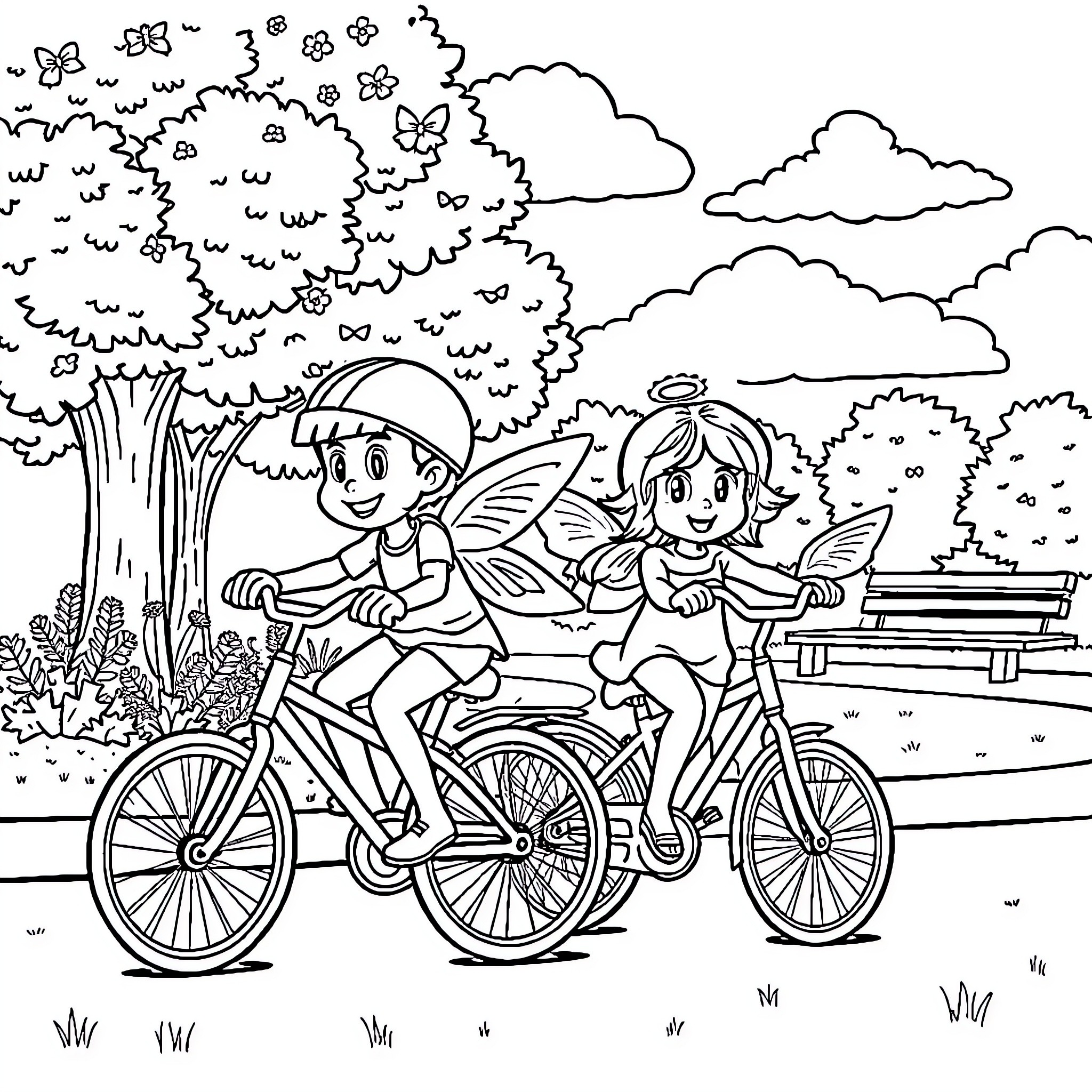 Bluey and friends on a bike ride adventure Coloring Page (free black-and-white line drawing printable PDF for all, from beginners to advanced learners, including children, teens, adults, and seniors)